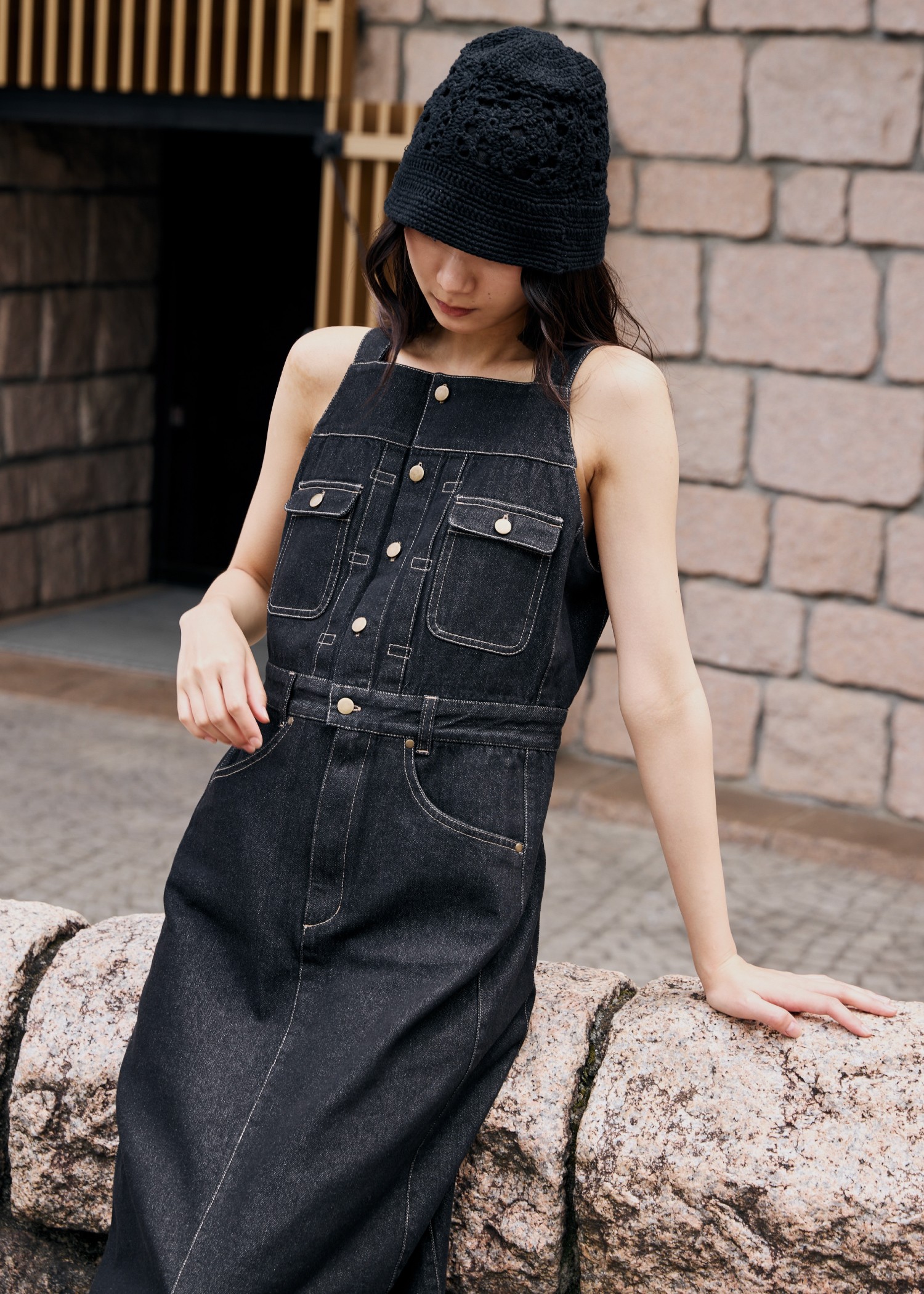 denim square neck no sleeve OP