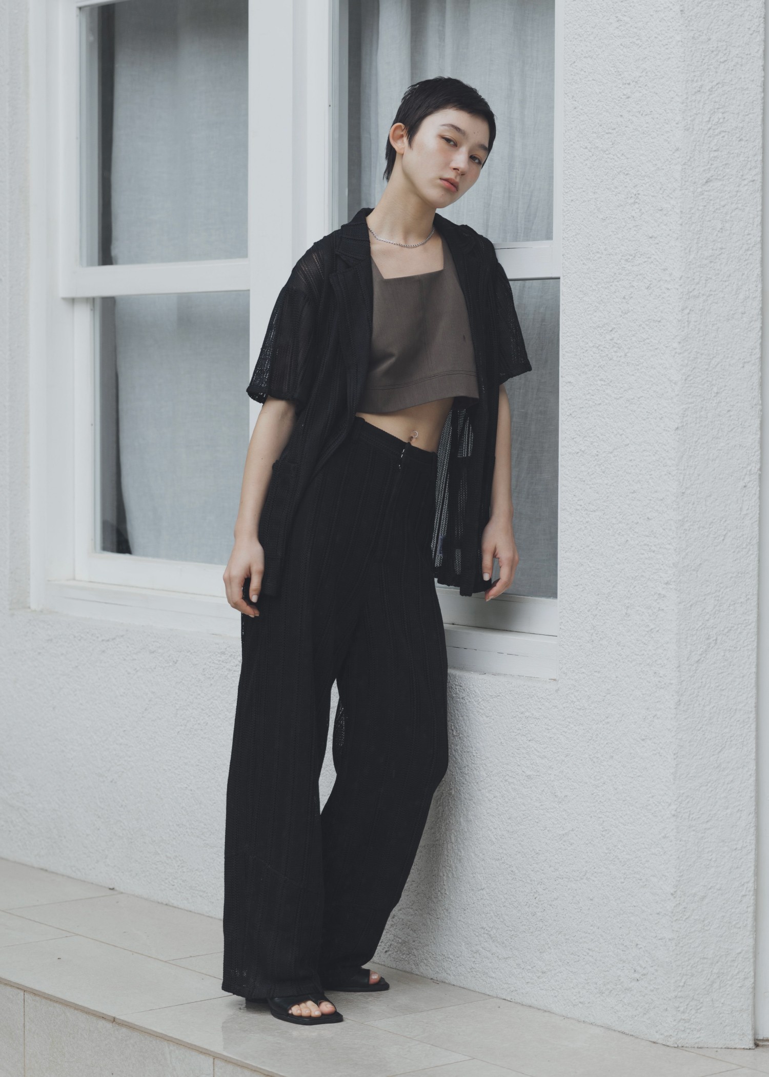 sheer stripe lace wide cocoon PT