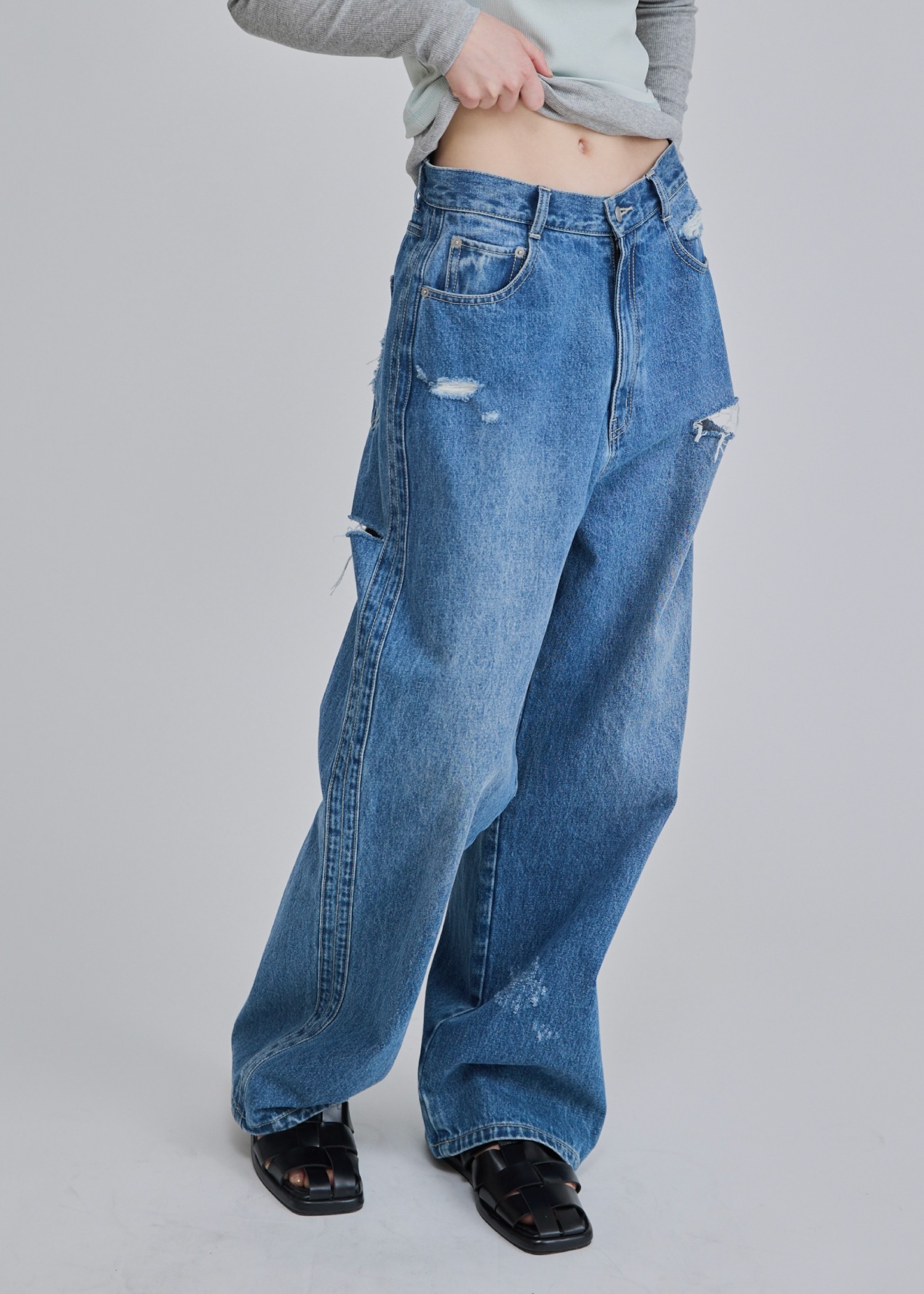 SS loose distressed effect denim PT