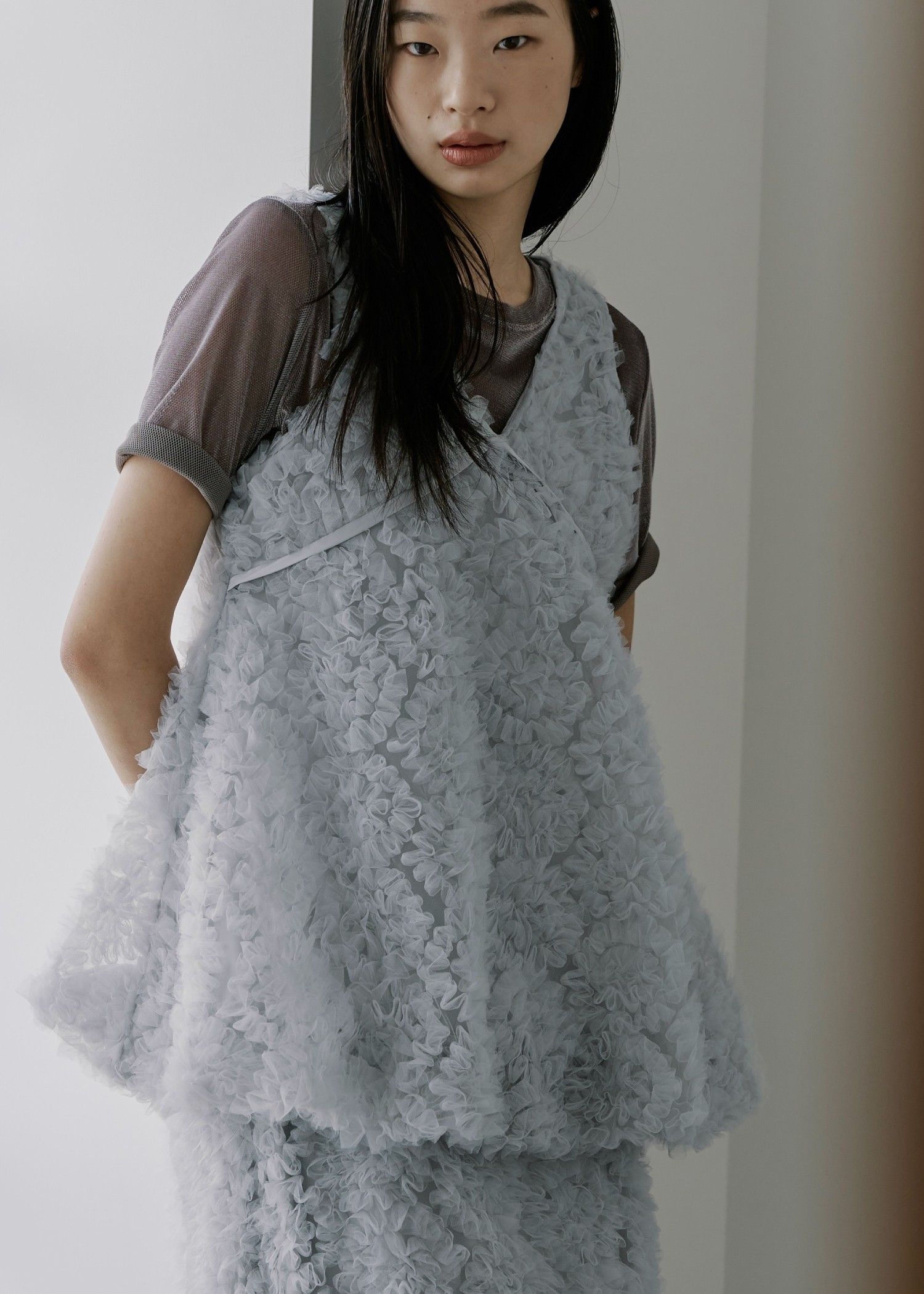 circle tulle motif balloon peplum nosleeve tops