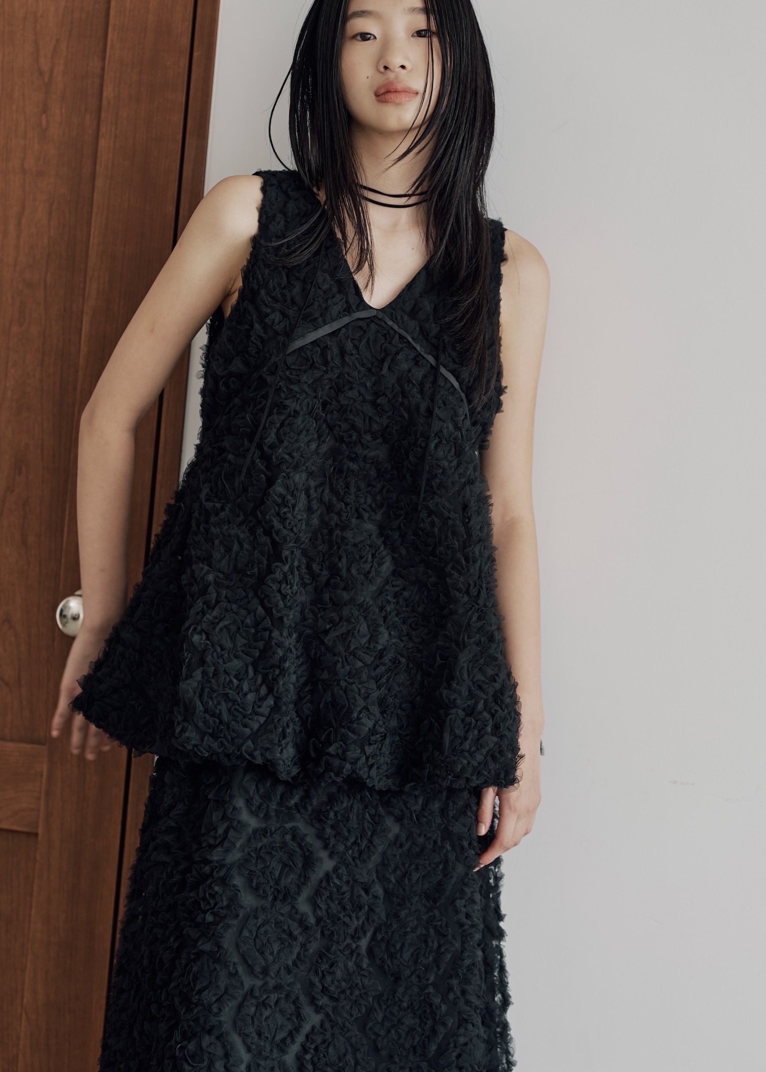 circle tulle motif balloon peplum nosleeve tops