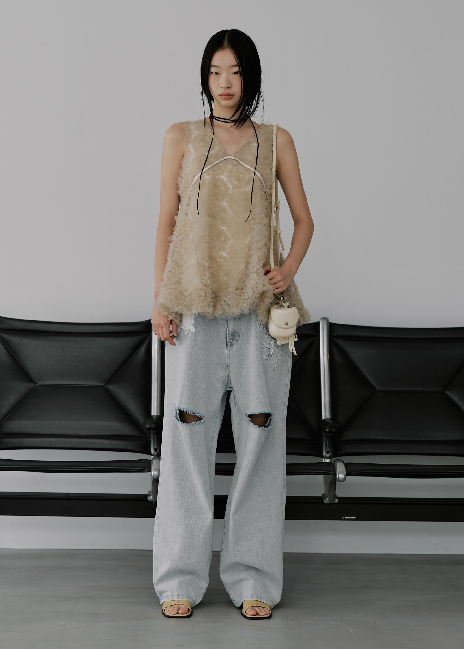 circle tulle motif balloon peplum nosleeve tops