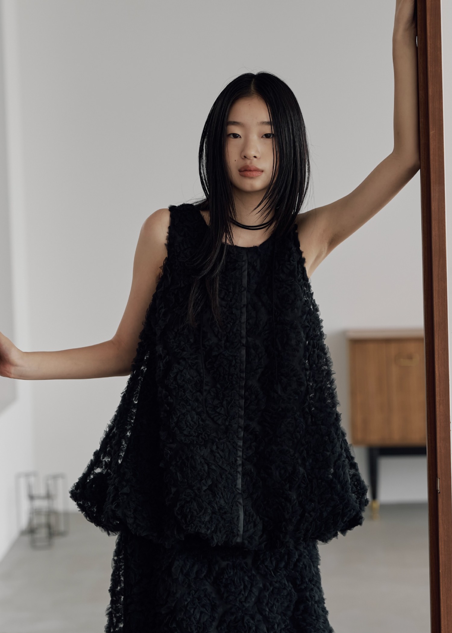 circle tulle motif balloon peplum nosleeve tops