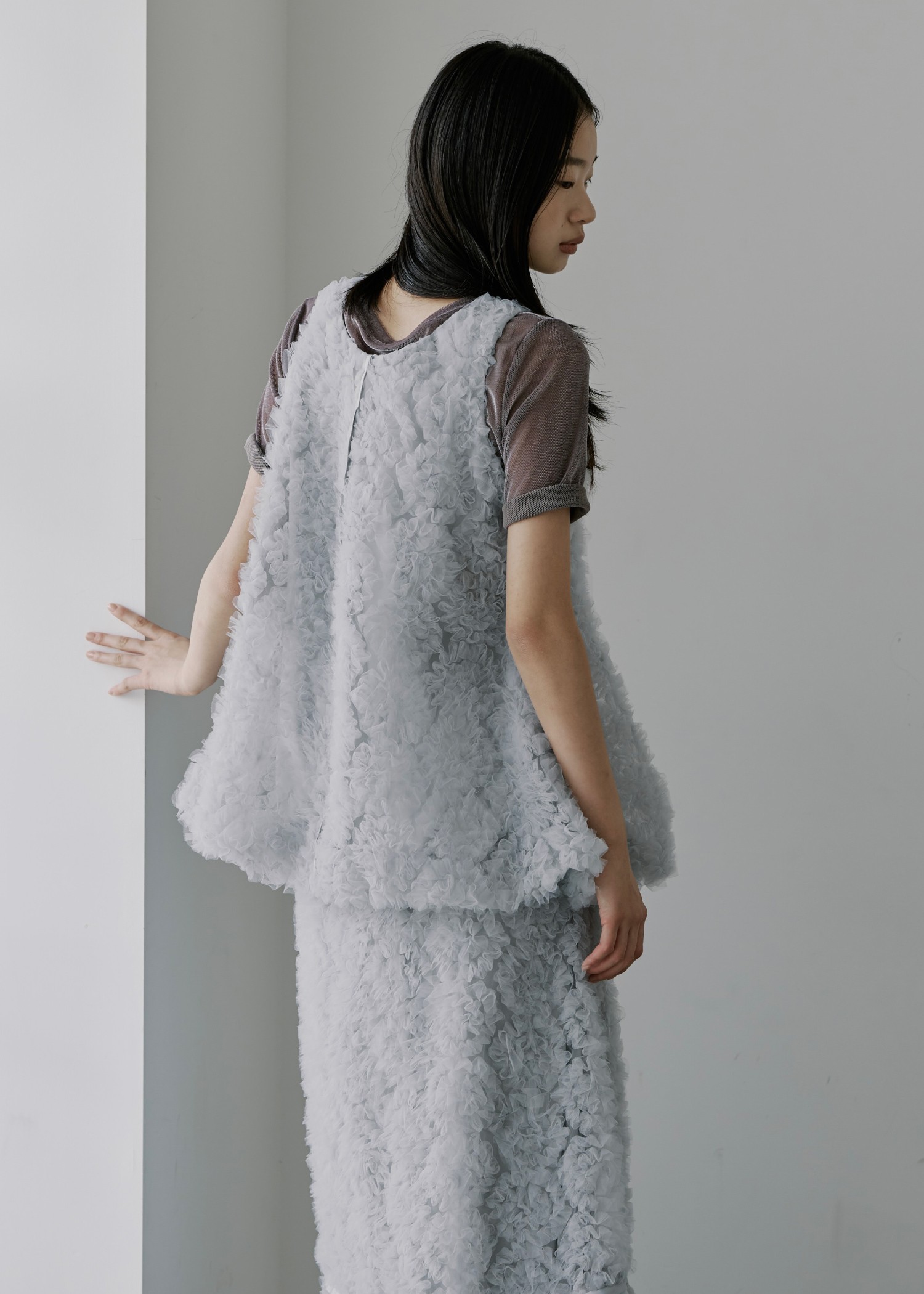 circle tulle motif balloon peplum nosleeve tops