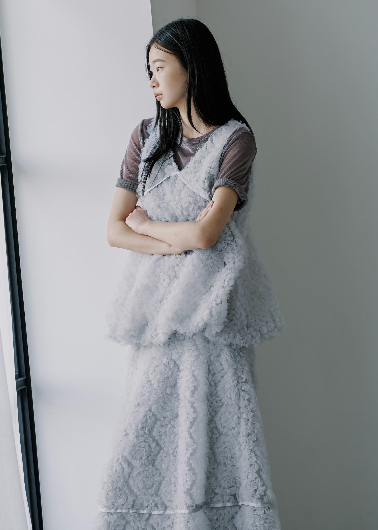 circle tulle motif balloon peplum nosleeve tops