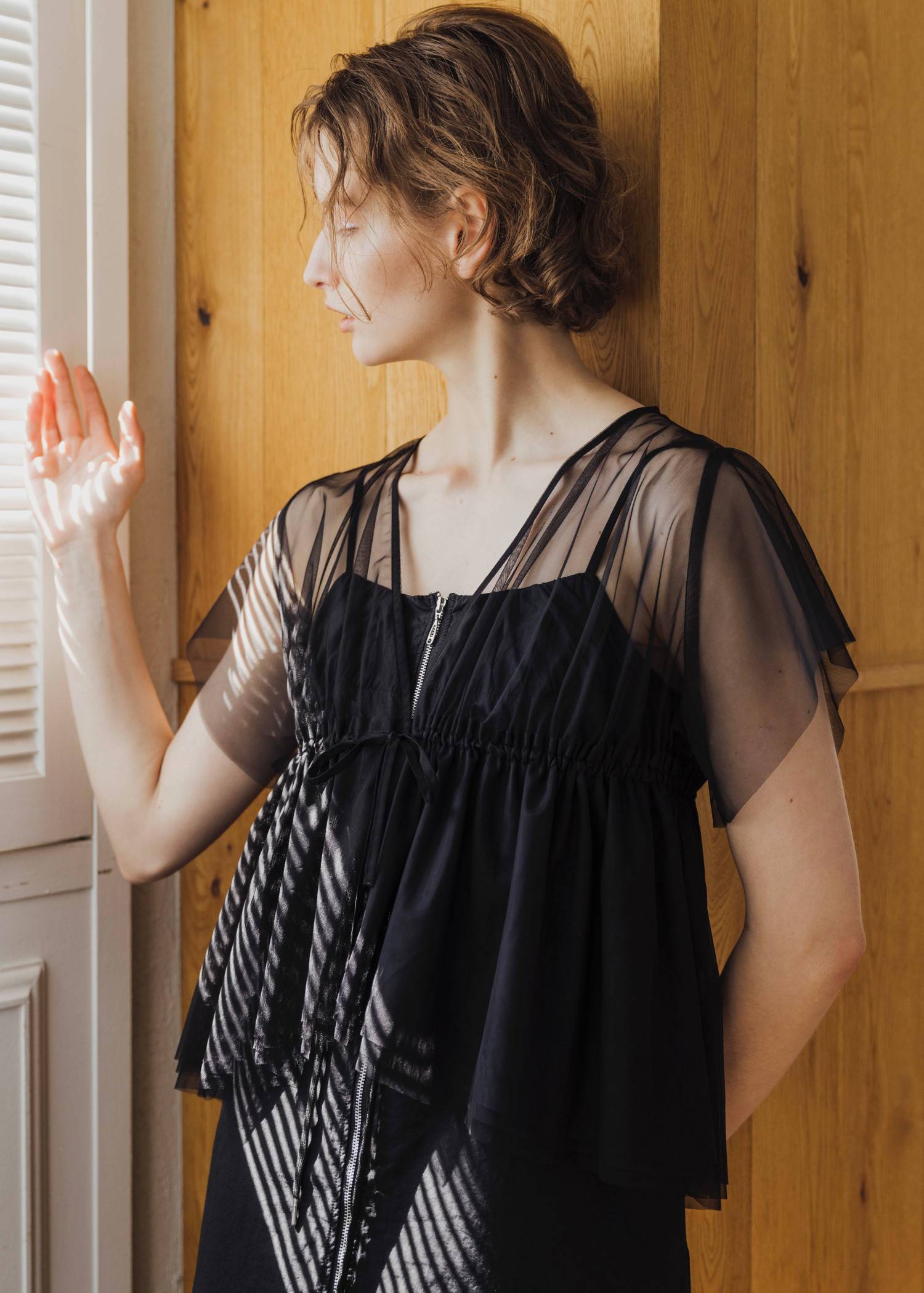 frill sleeve peplum tulle tops