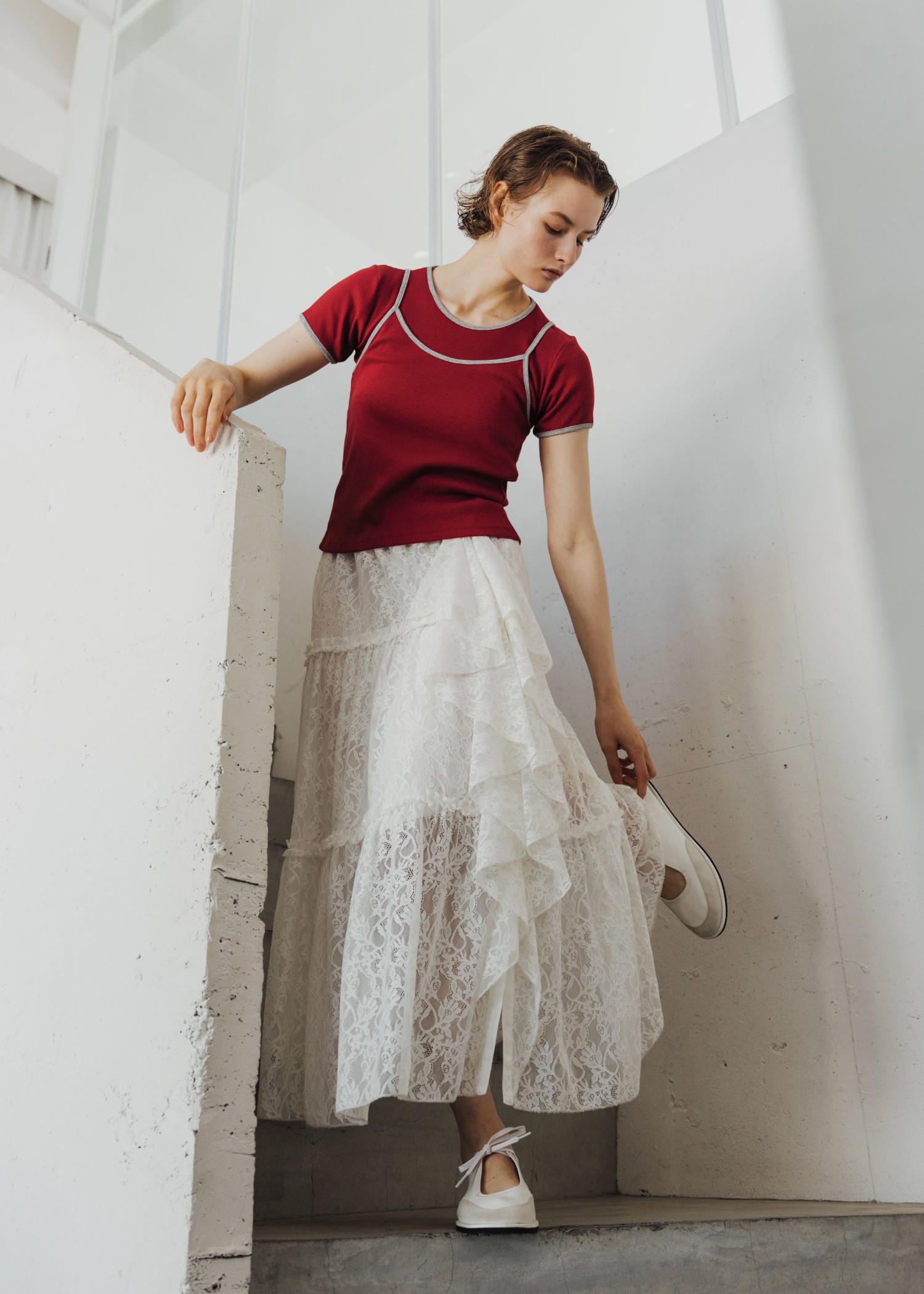 color schem cami & T-shirt set rib tops