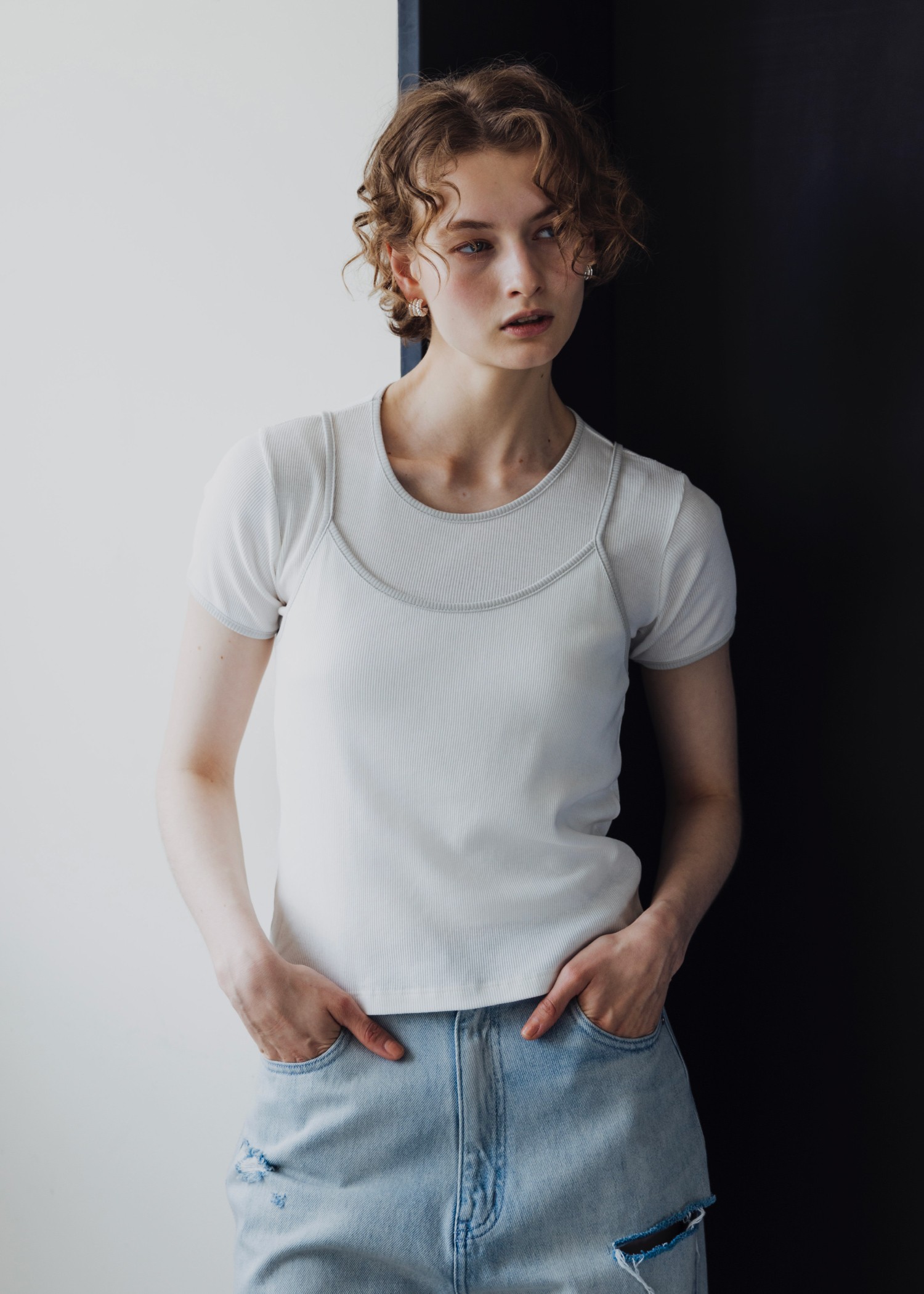 color schem cami & T-shirt set rib tops