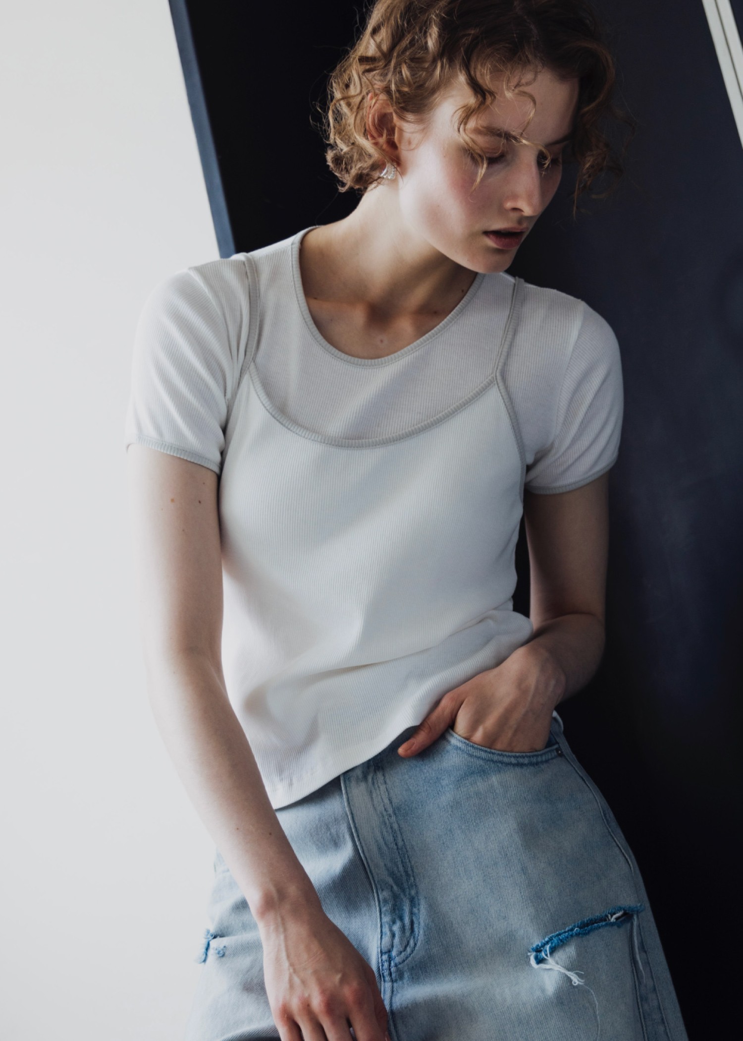 color schem cami & T-shirt set rib tops