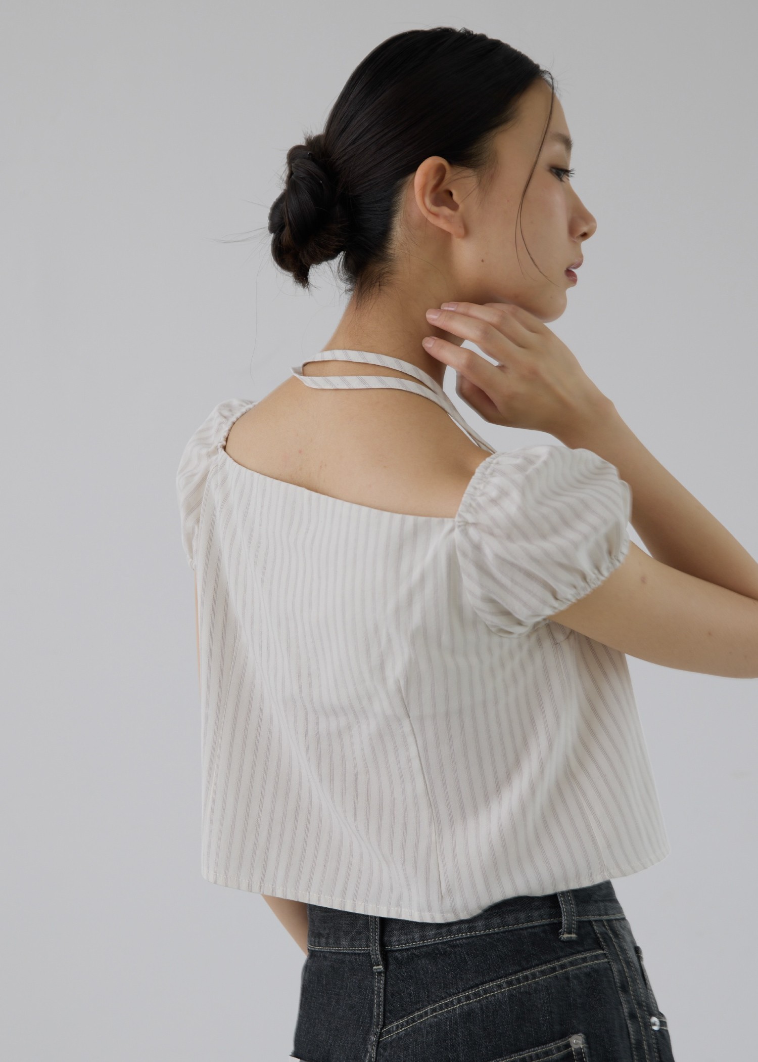 stripe gather puff sleeve BL