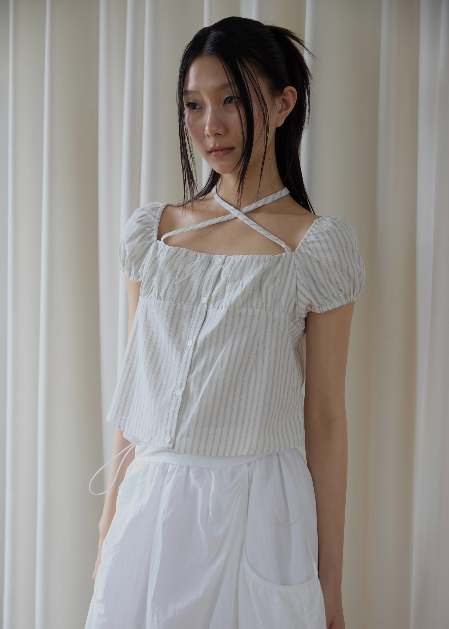 stripe gather puff sleeve BL