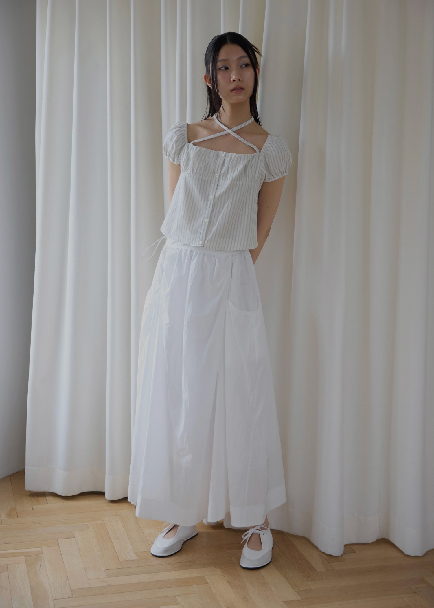 stripe gather puff sleeve BL