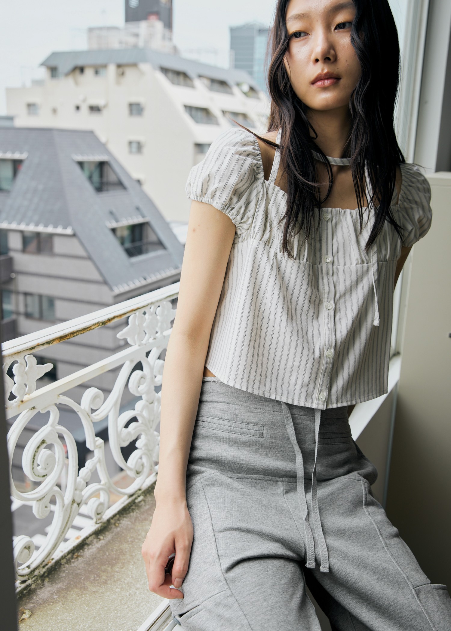 stripe gather puff sleeve BL