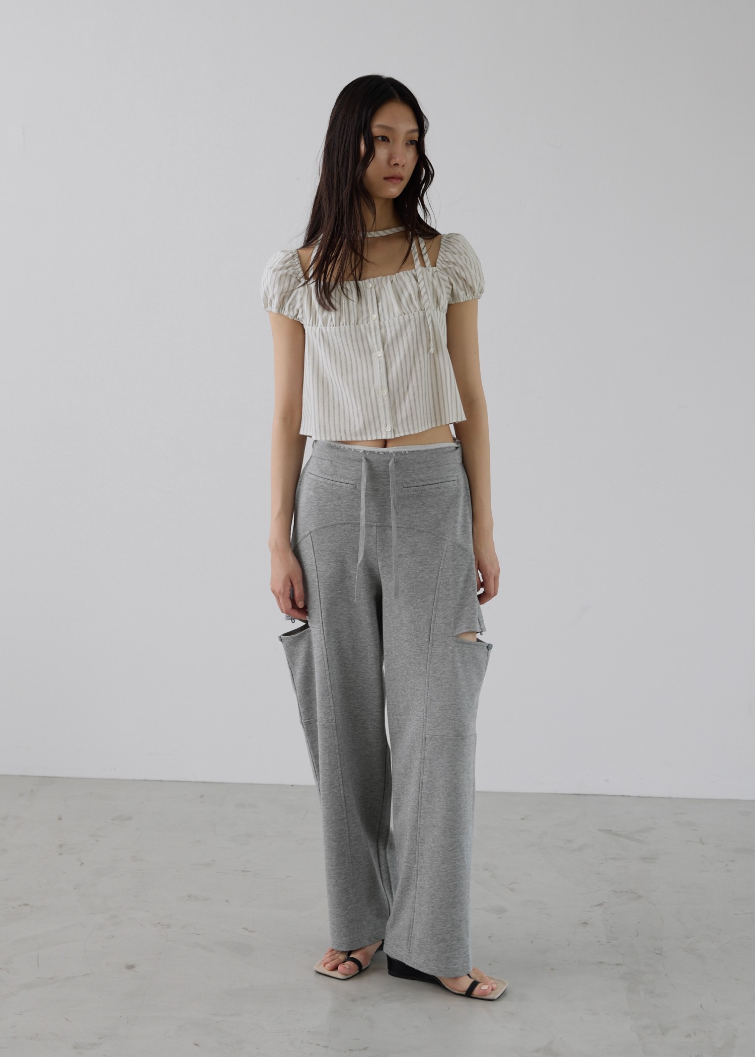 stripe gather puff sleeve BL