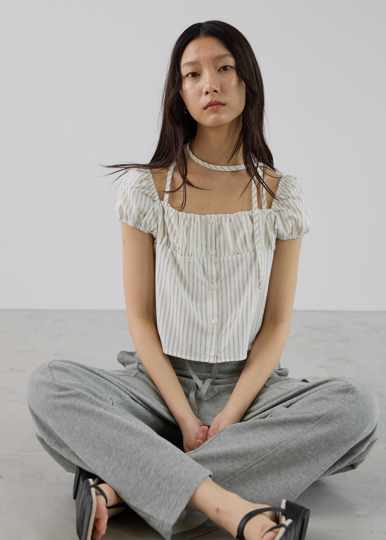 stripe gather puff sleeve BL