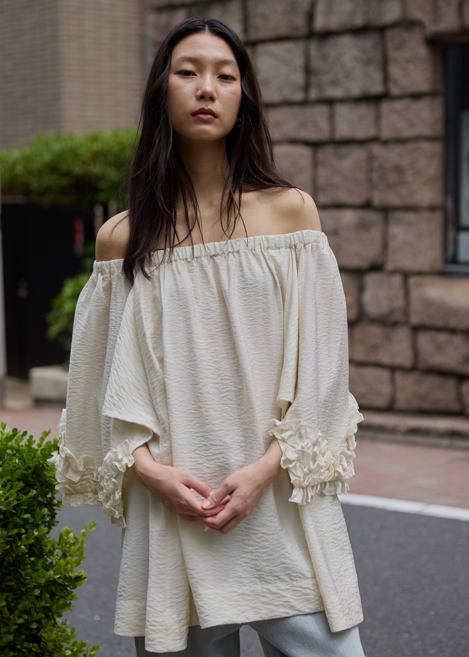 flutter frill sleeve gather tunic