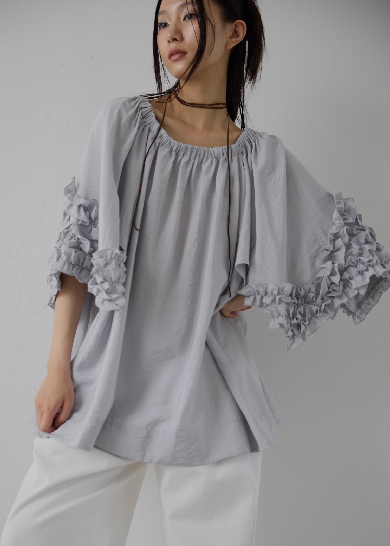 flutter frill sleeve gather tunic