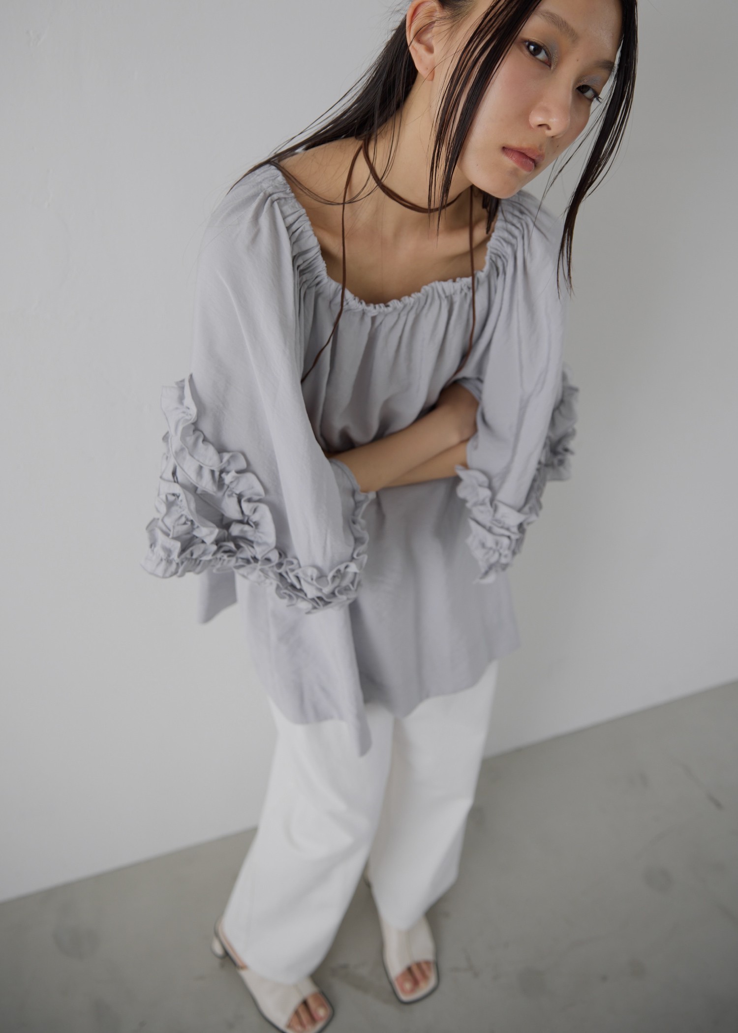 flutter frill sleeve gather tunic
