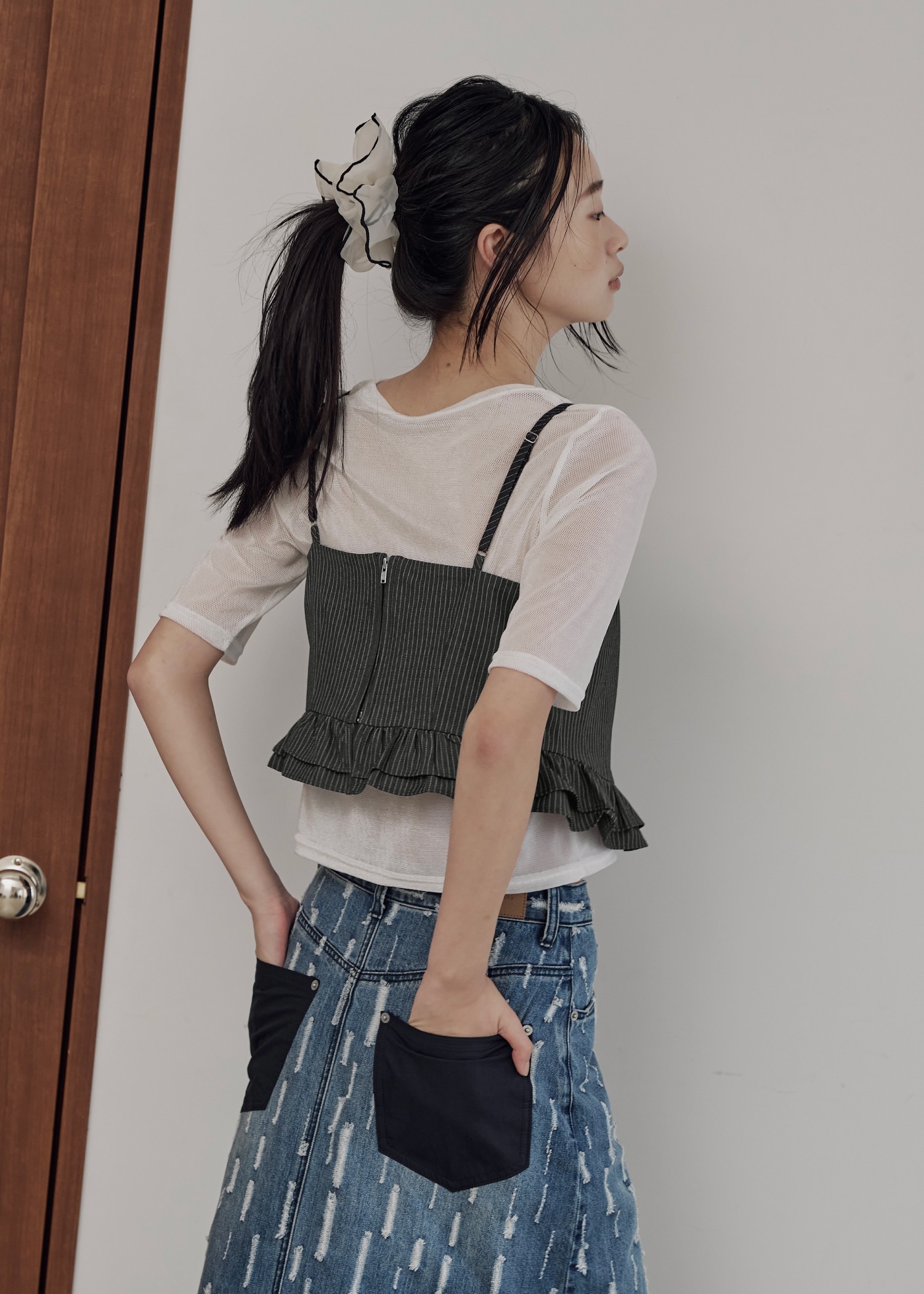 velour mesh tulle half sleeve tops