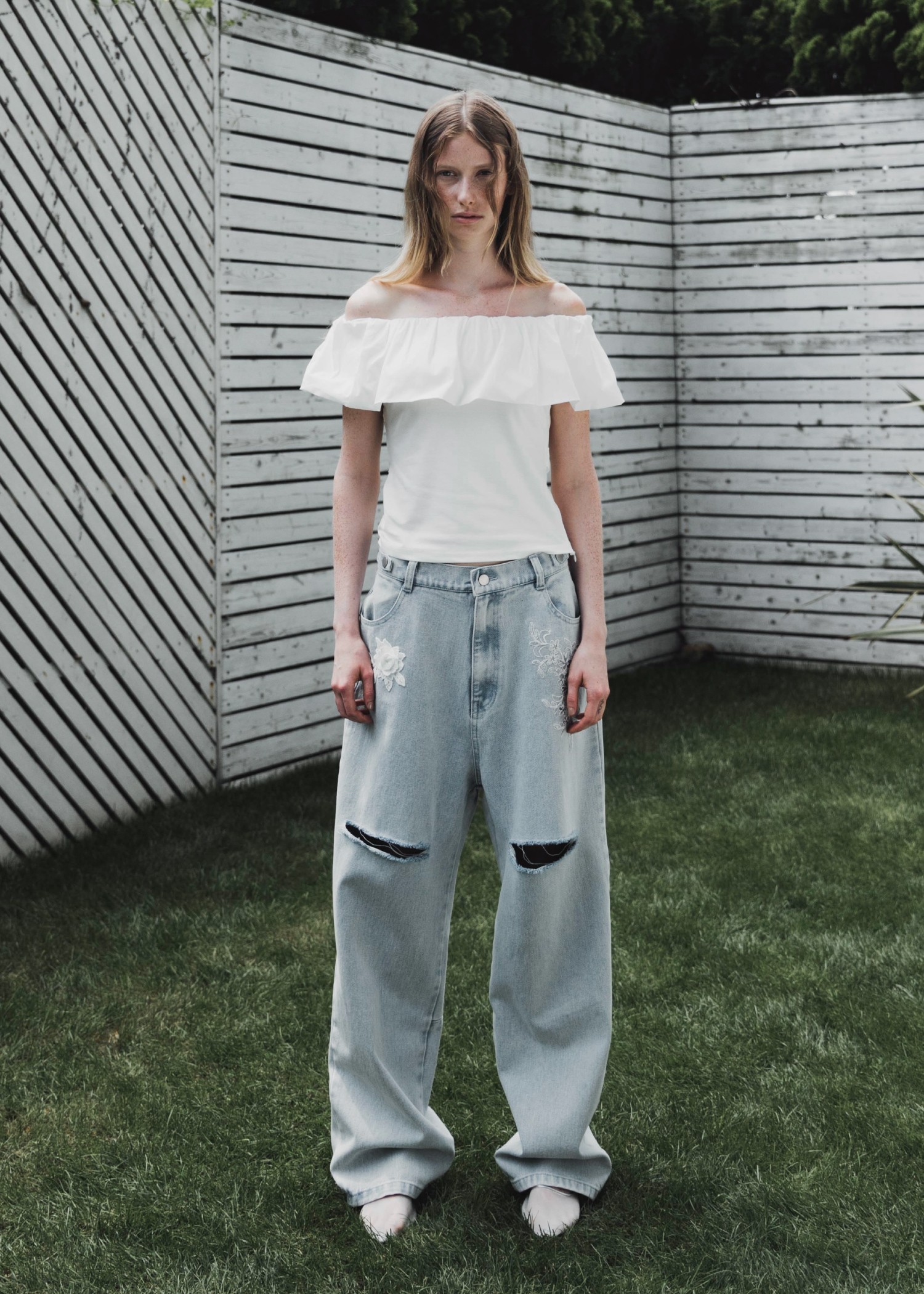 off shoulder frill turnup tops