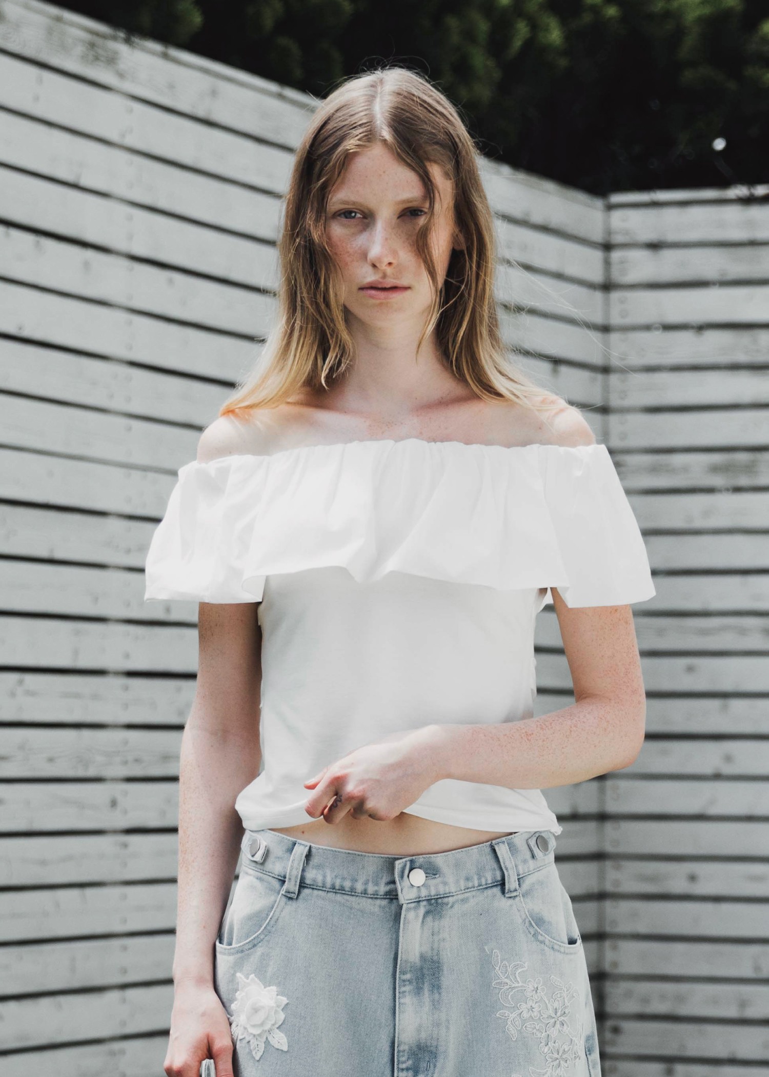 off shoulder frill turnup tops