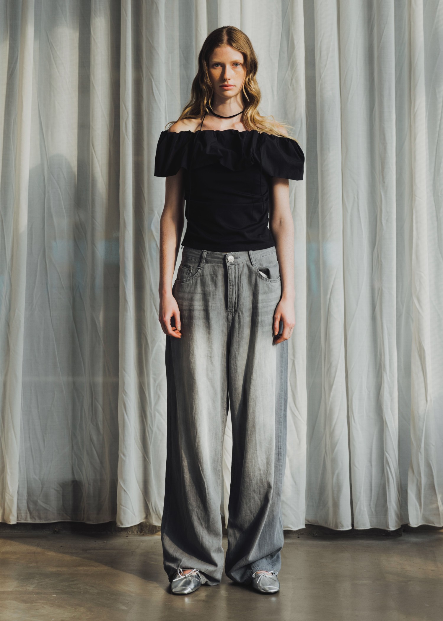 off shoulder frill turnup tops