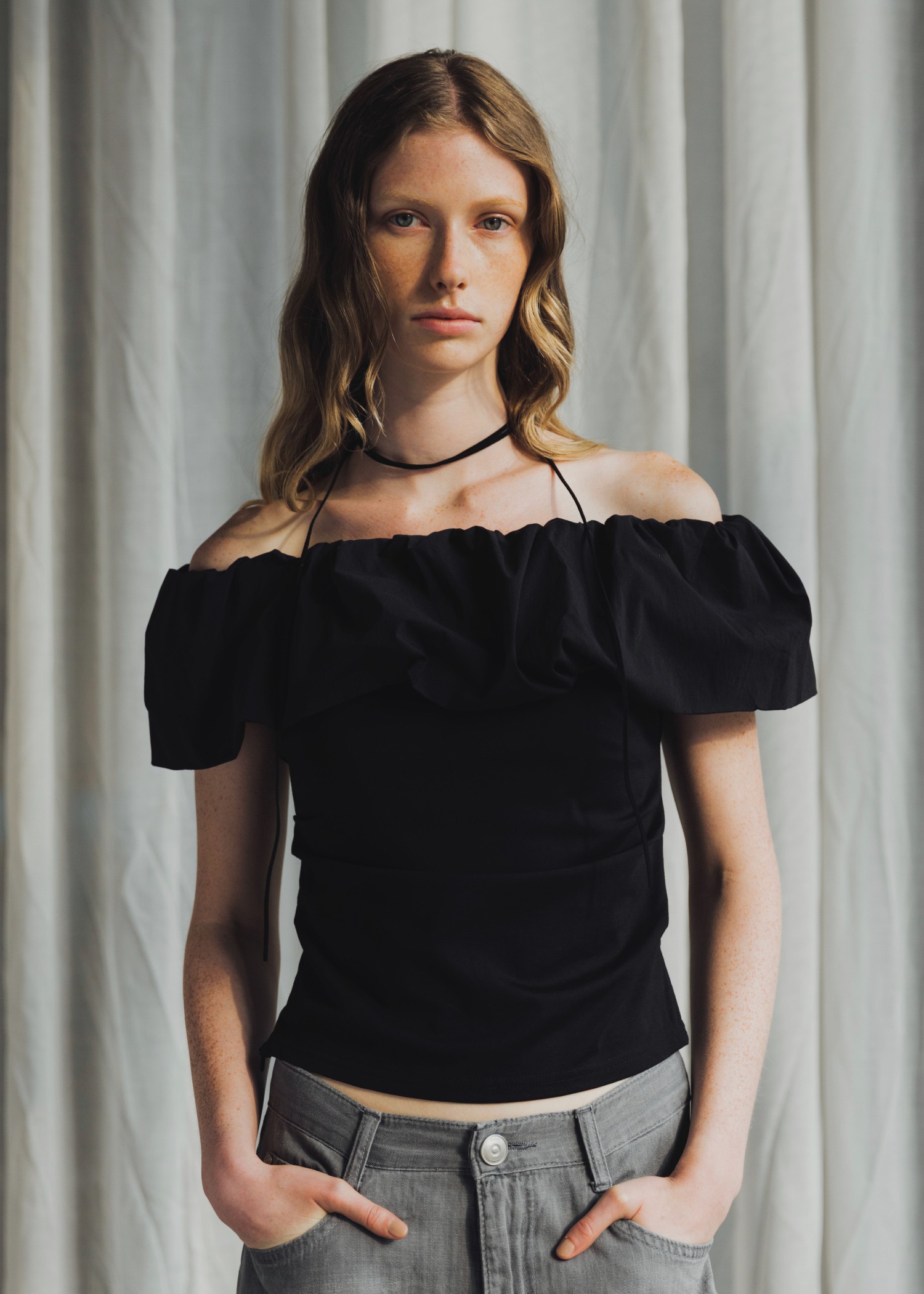 off shoulder frill turnup tops