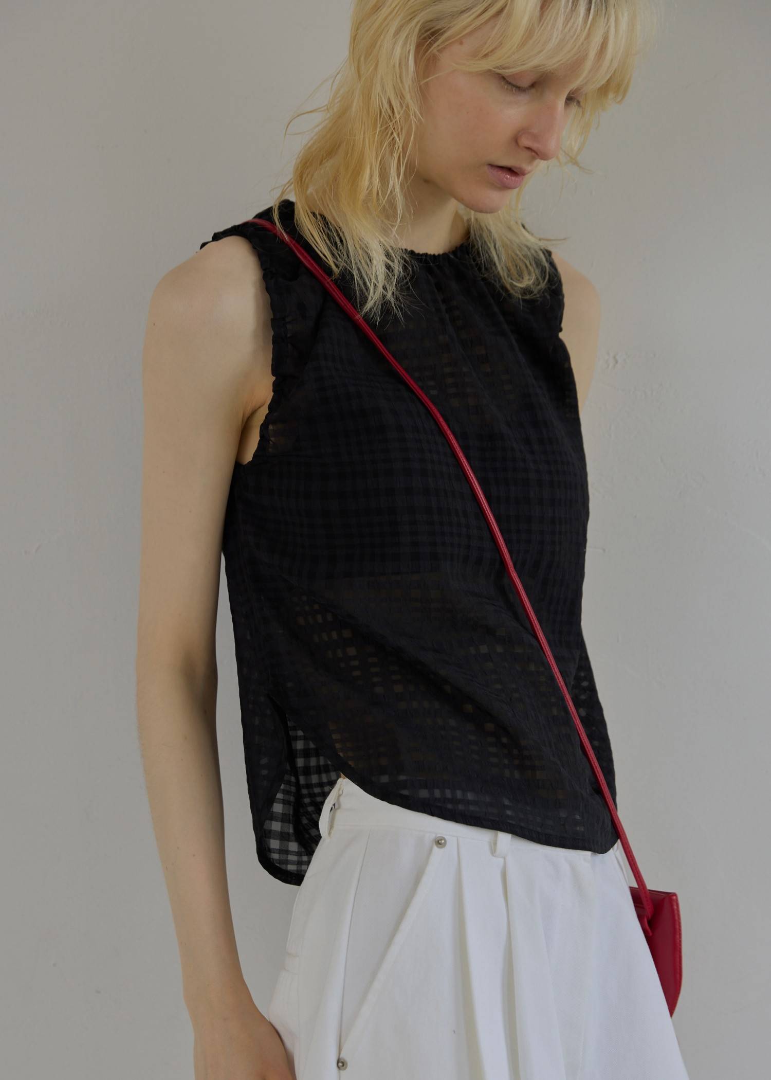 sheer check drawstring no sleeve tops