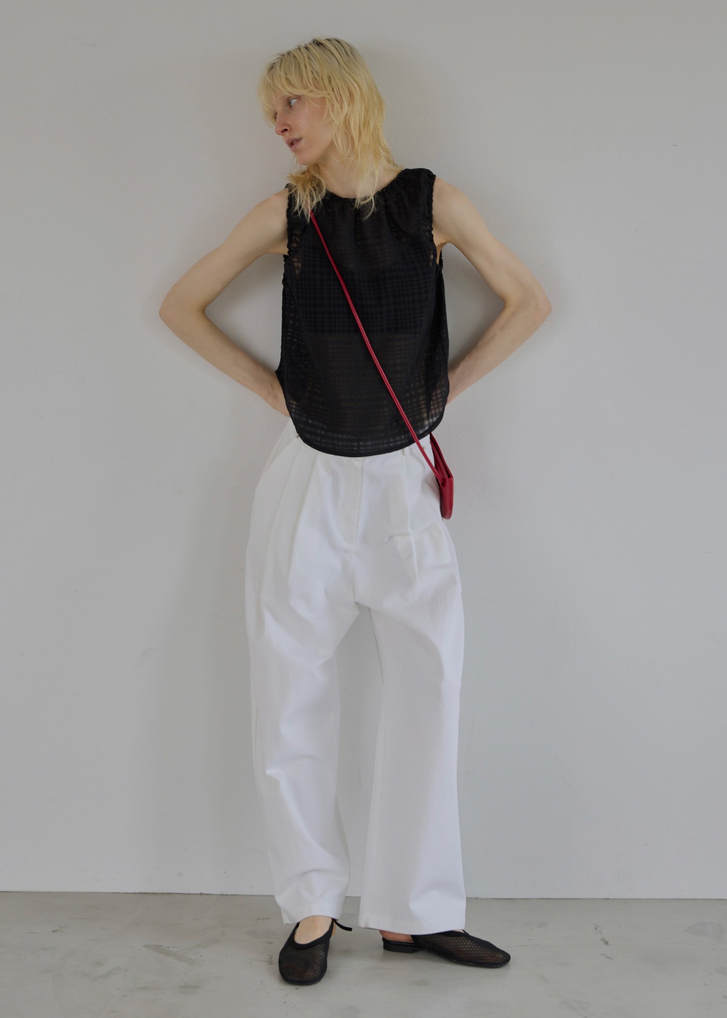 sheer check drawstring no sleeve tops