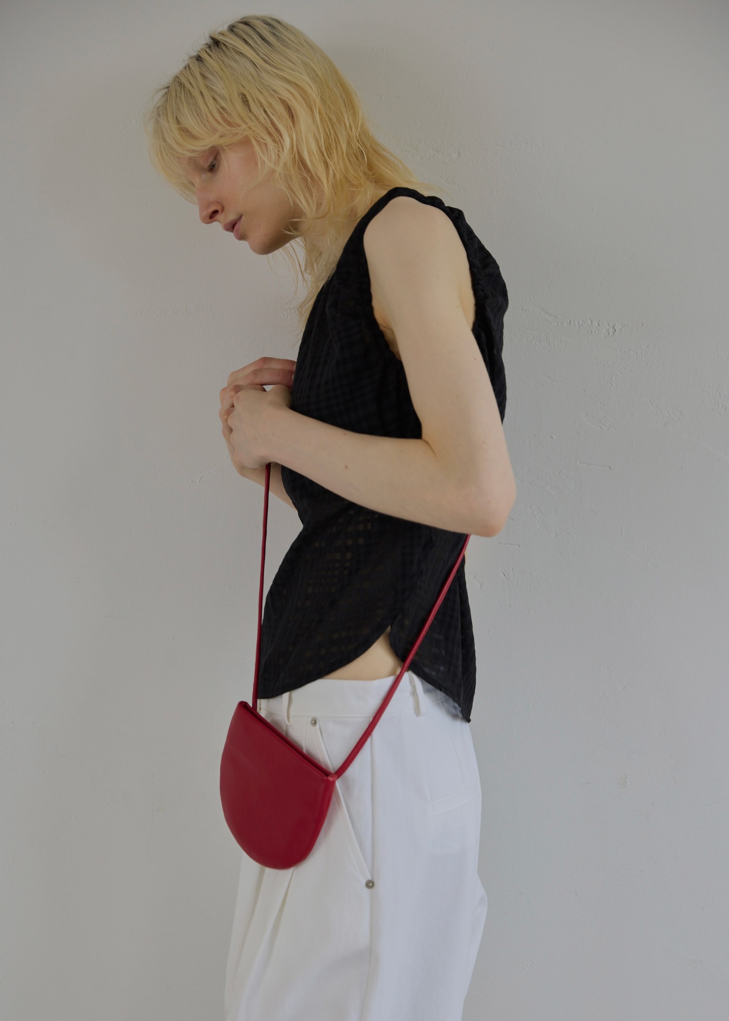 sheer check drawstring no sleeve tops