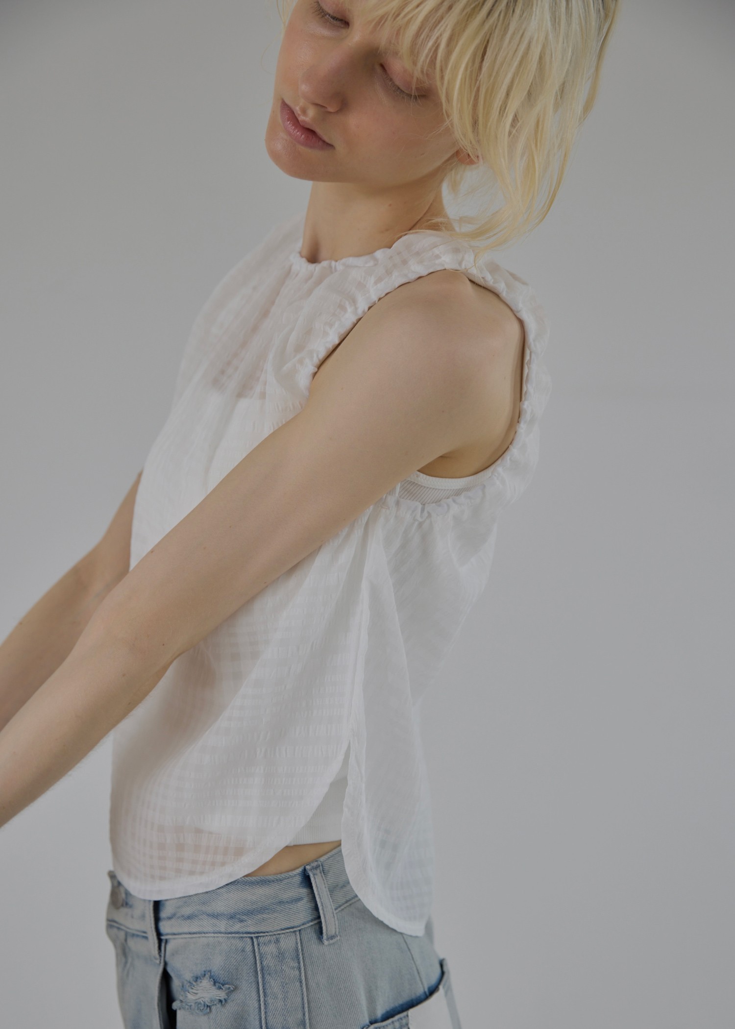 sheer check drawstring no sleeve tops