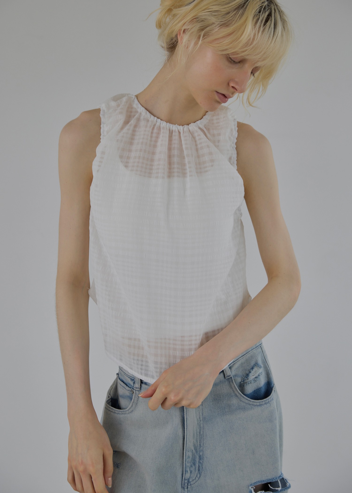 sheer check drawstring no sleeve tops
