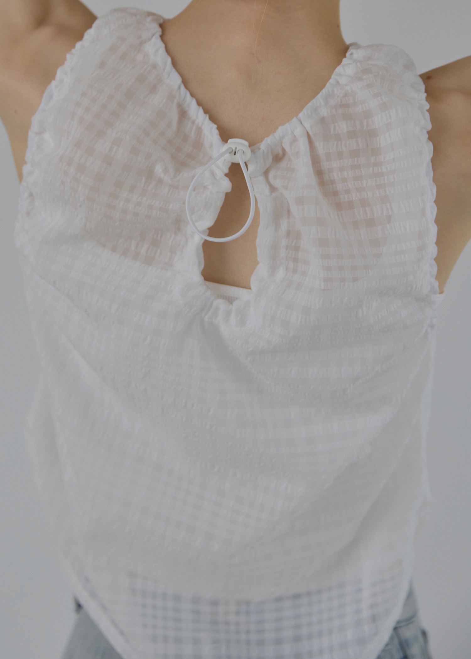 sheer check drawstring no sleeve tops