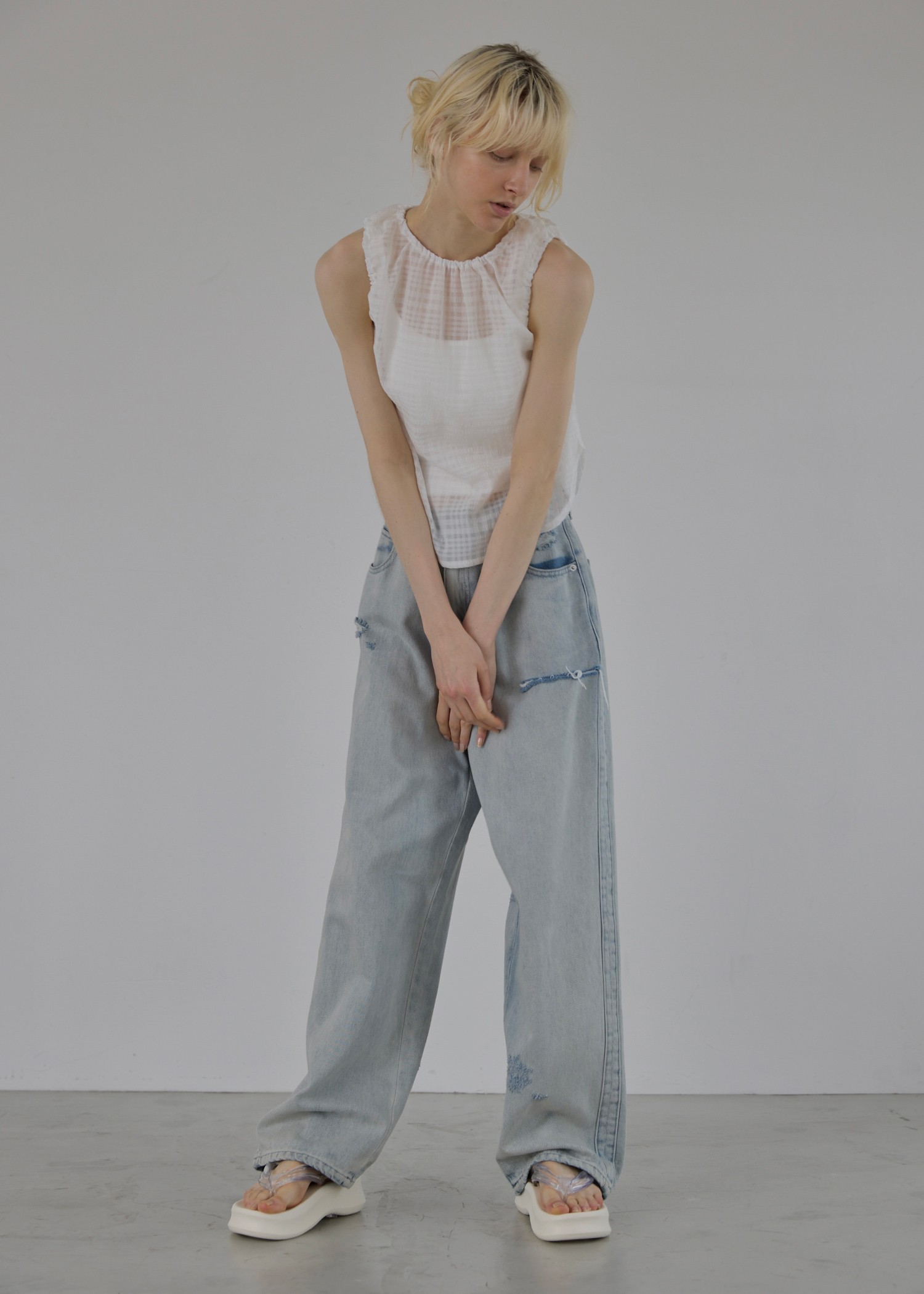 sheer check drawstring no sleeve tops