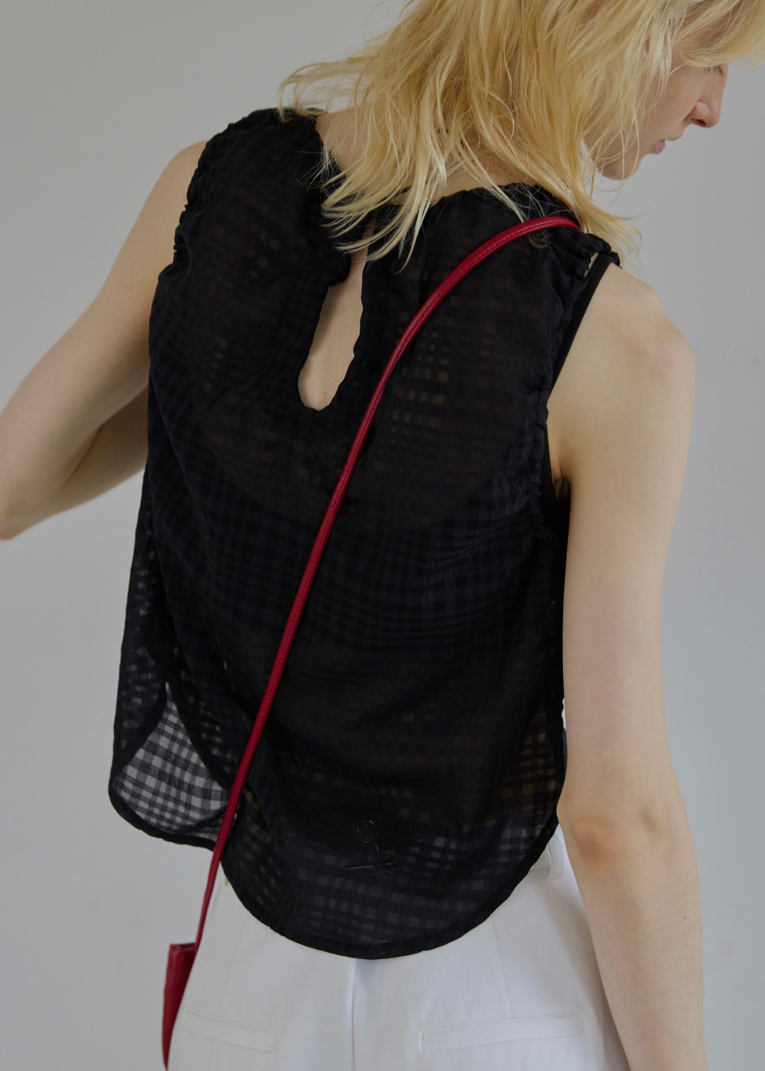 sheer check drawstring no sleeve tops