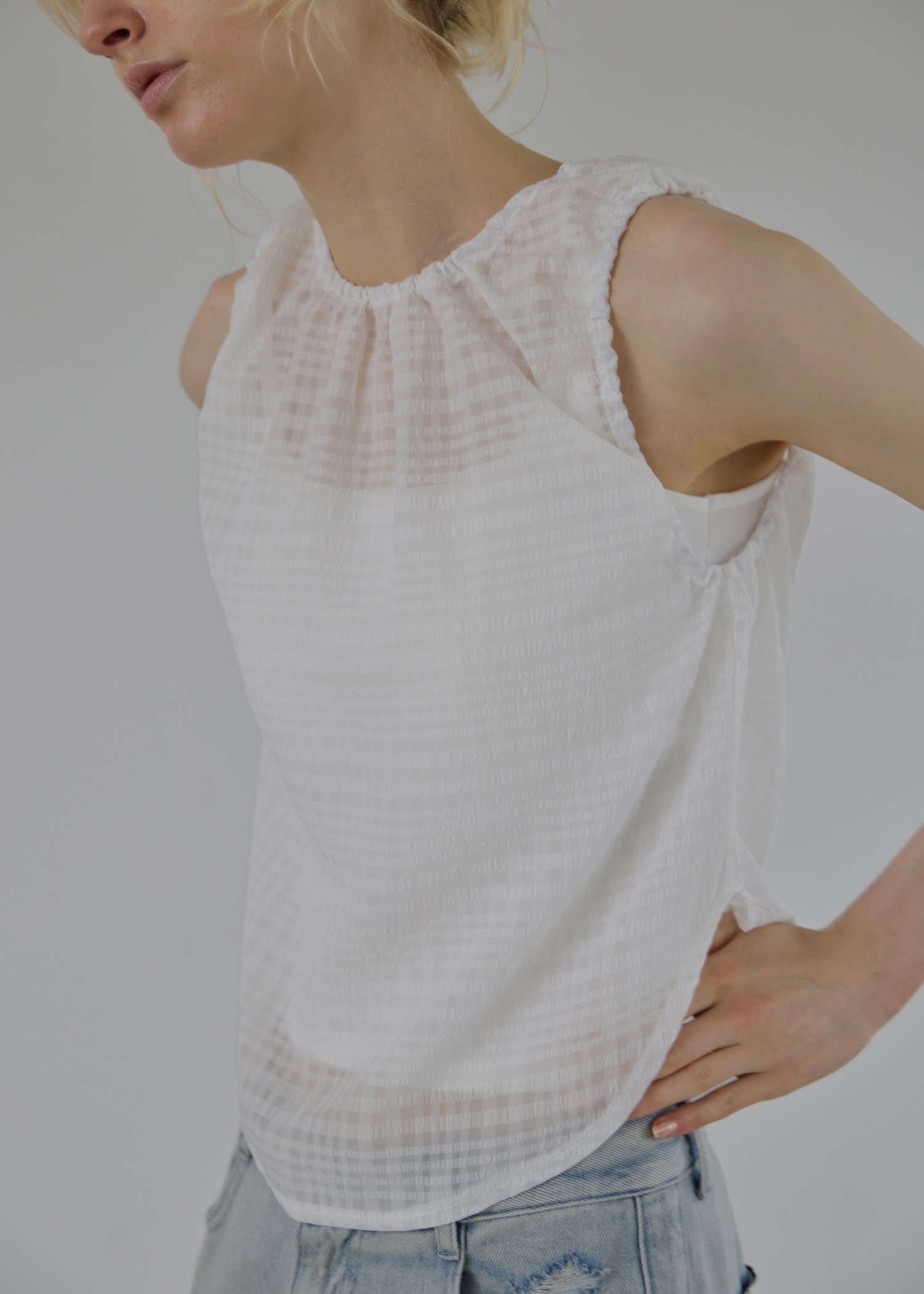 sheer check drawstring no sleeve tops