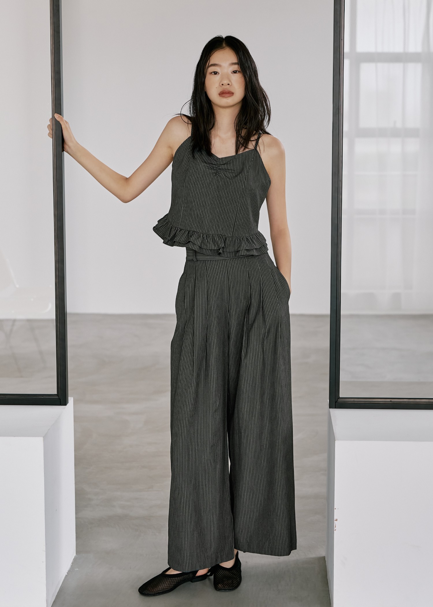 undulate gather frill stripe cami