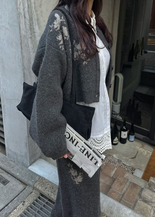 cropped flower jacquard knit cardigan