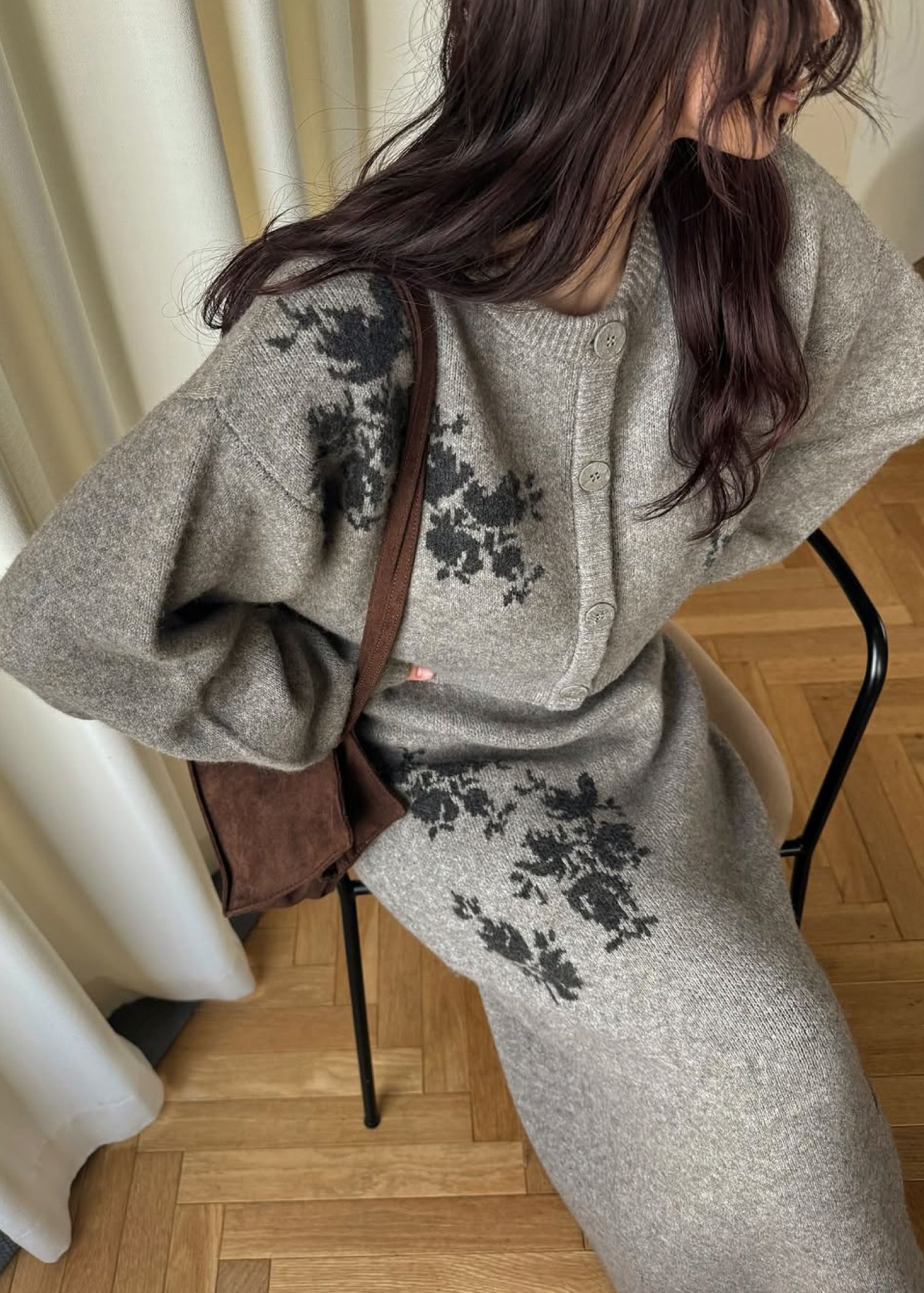 cropped flower jacquard knit cardigan