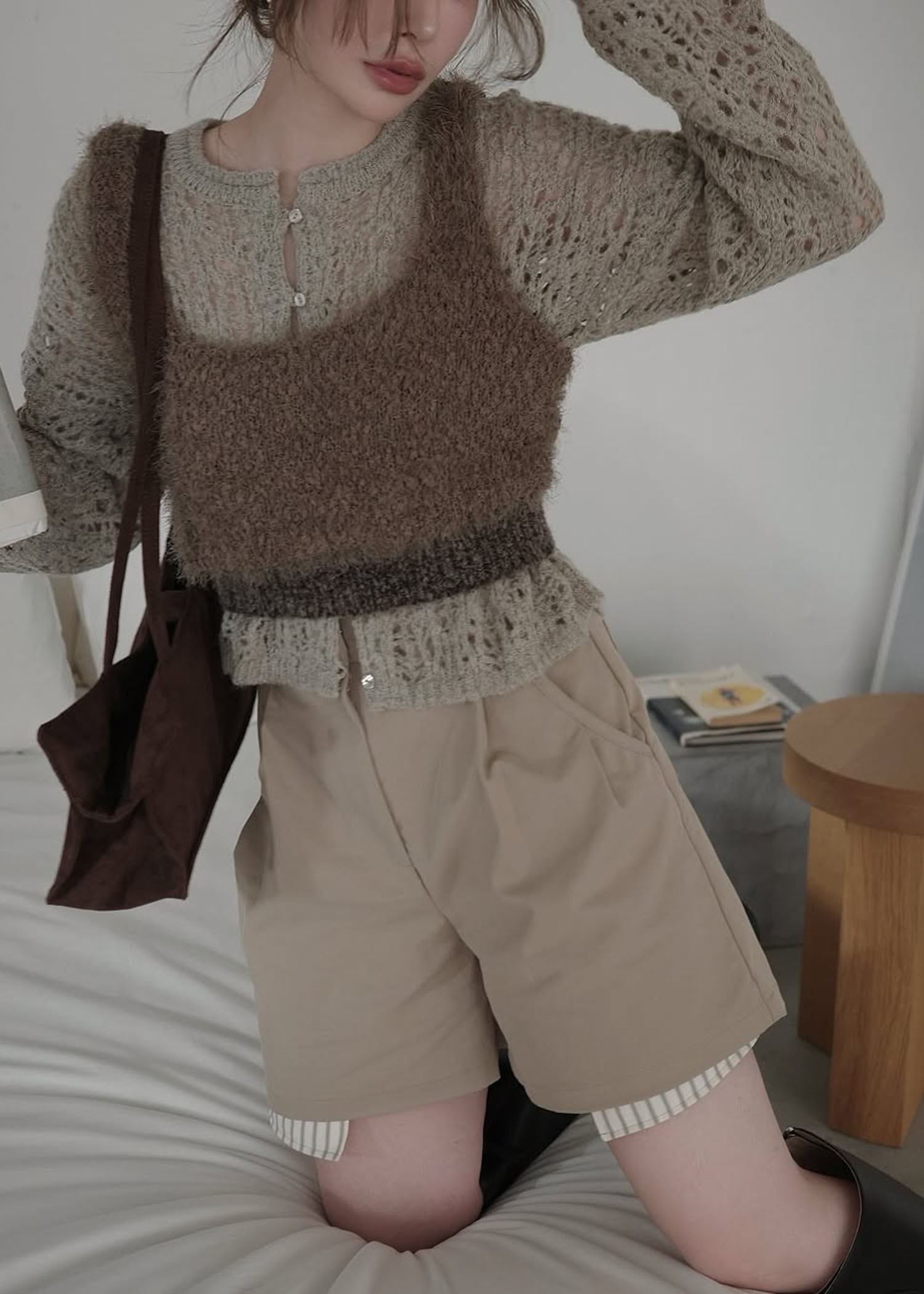 openwork knit short cardigan