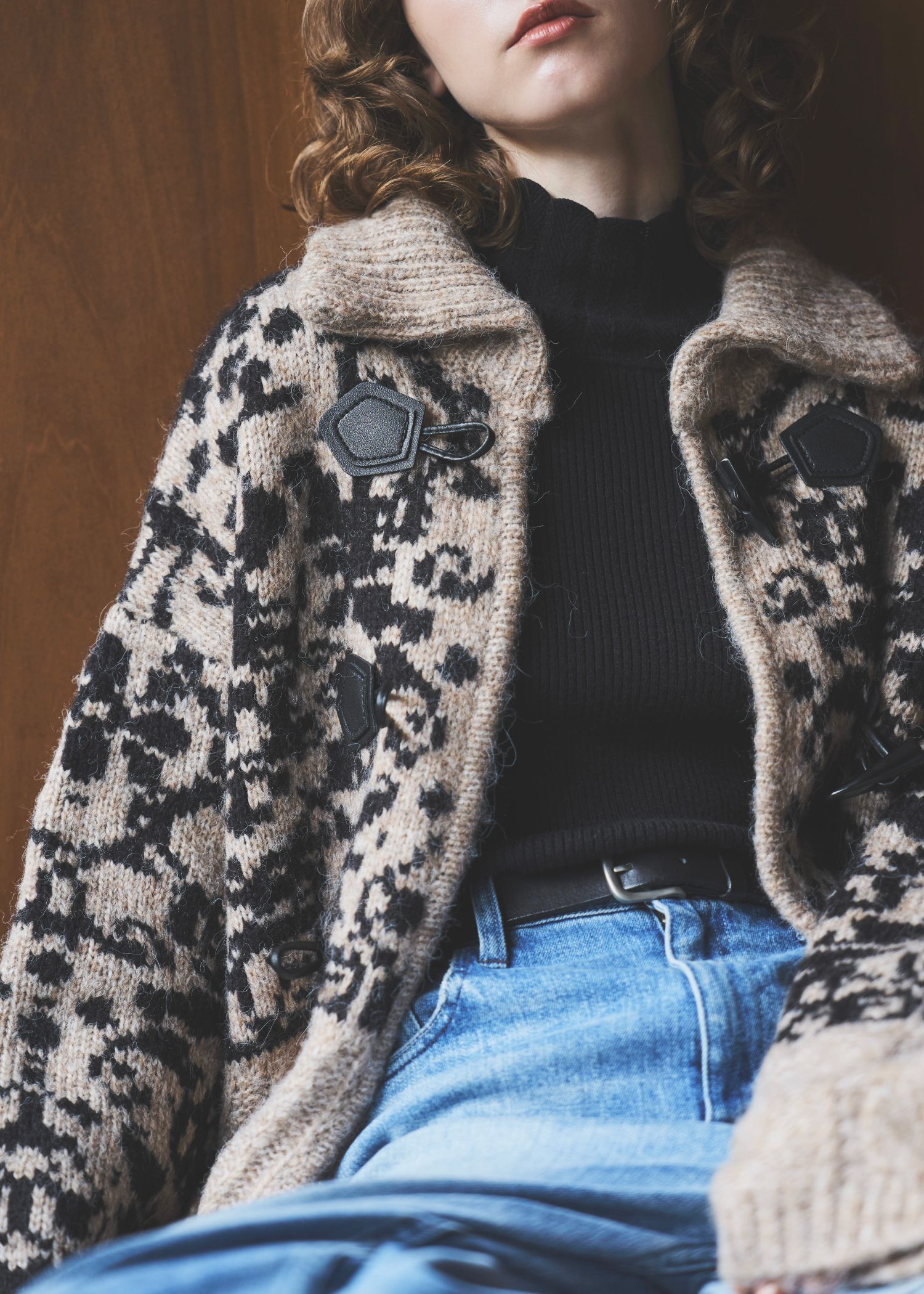 jacquard & cable placement toggle knit