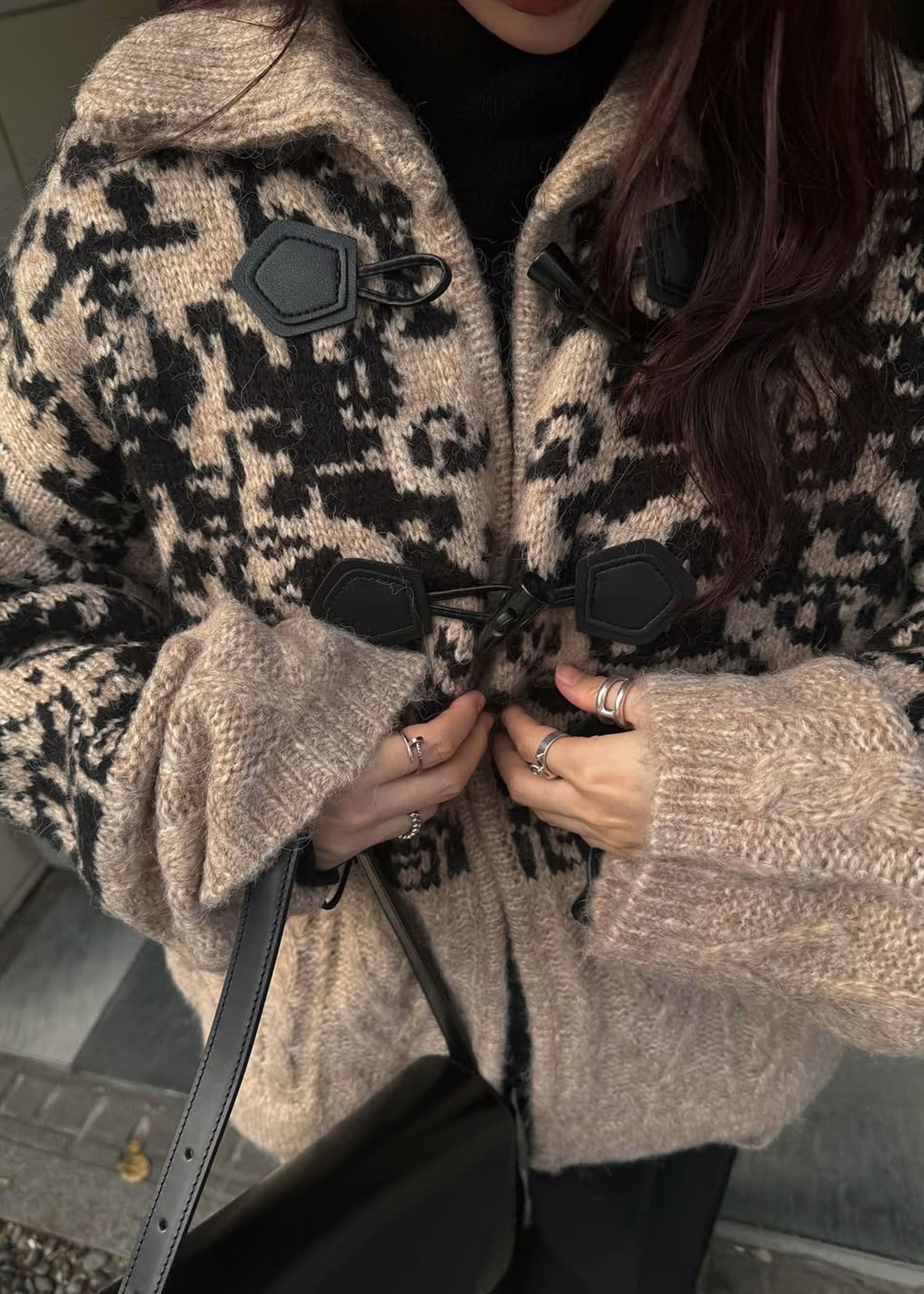 jacquard & cable placement toggle knit