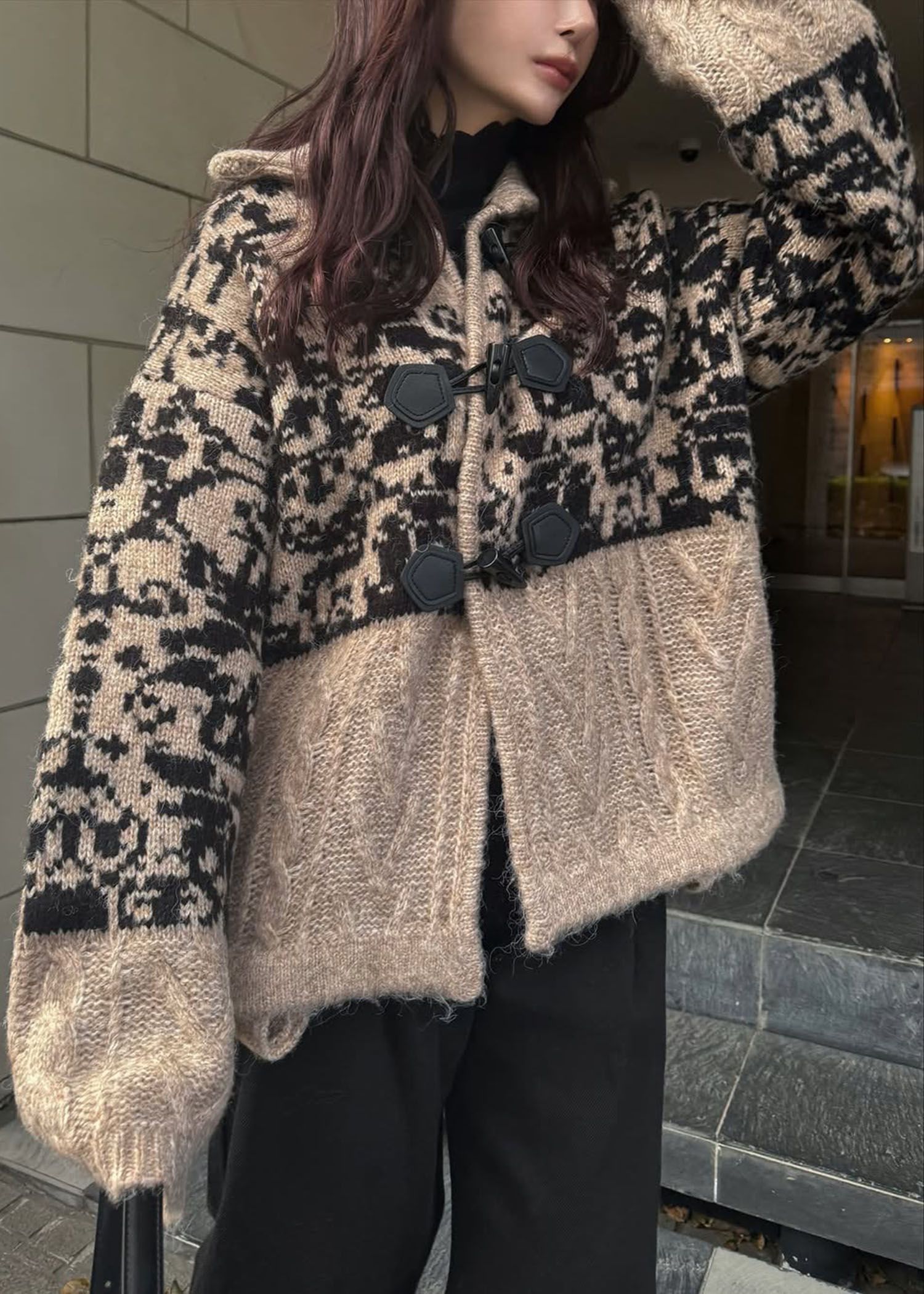 jacquard & cable placement toggle knit