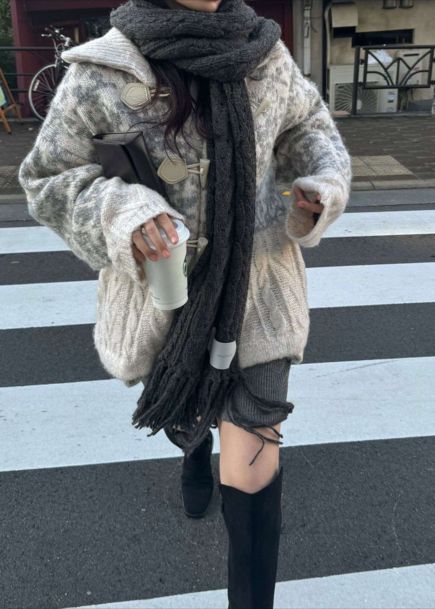 jacquard & cable placement toggle knit