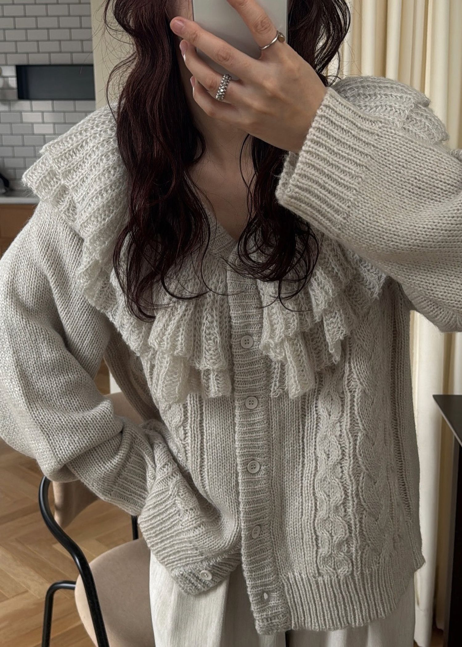 shoulder frill cable knit cardigan