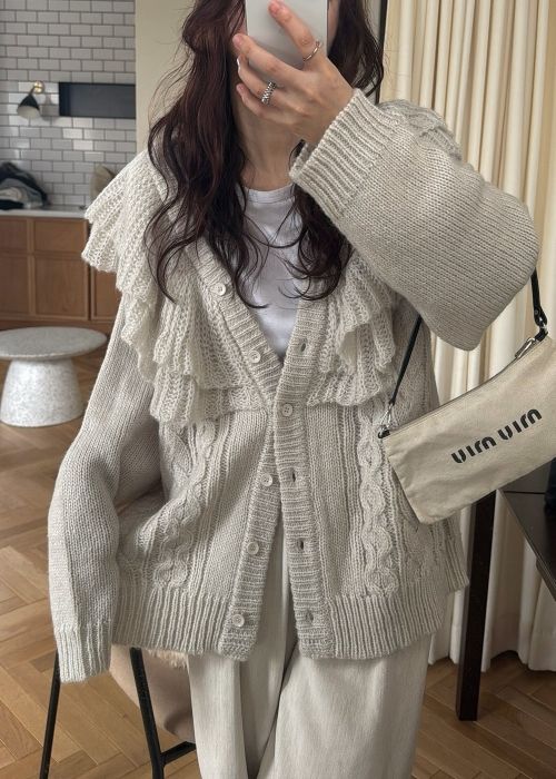 shoulder frill cable knit cardigan
