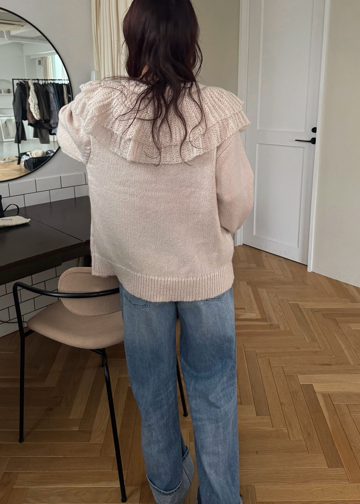 shoulder frill cable knit cardigan