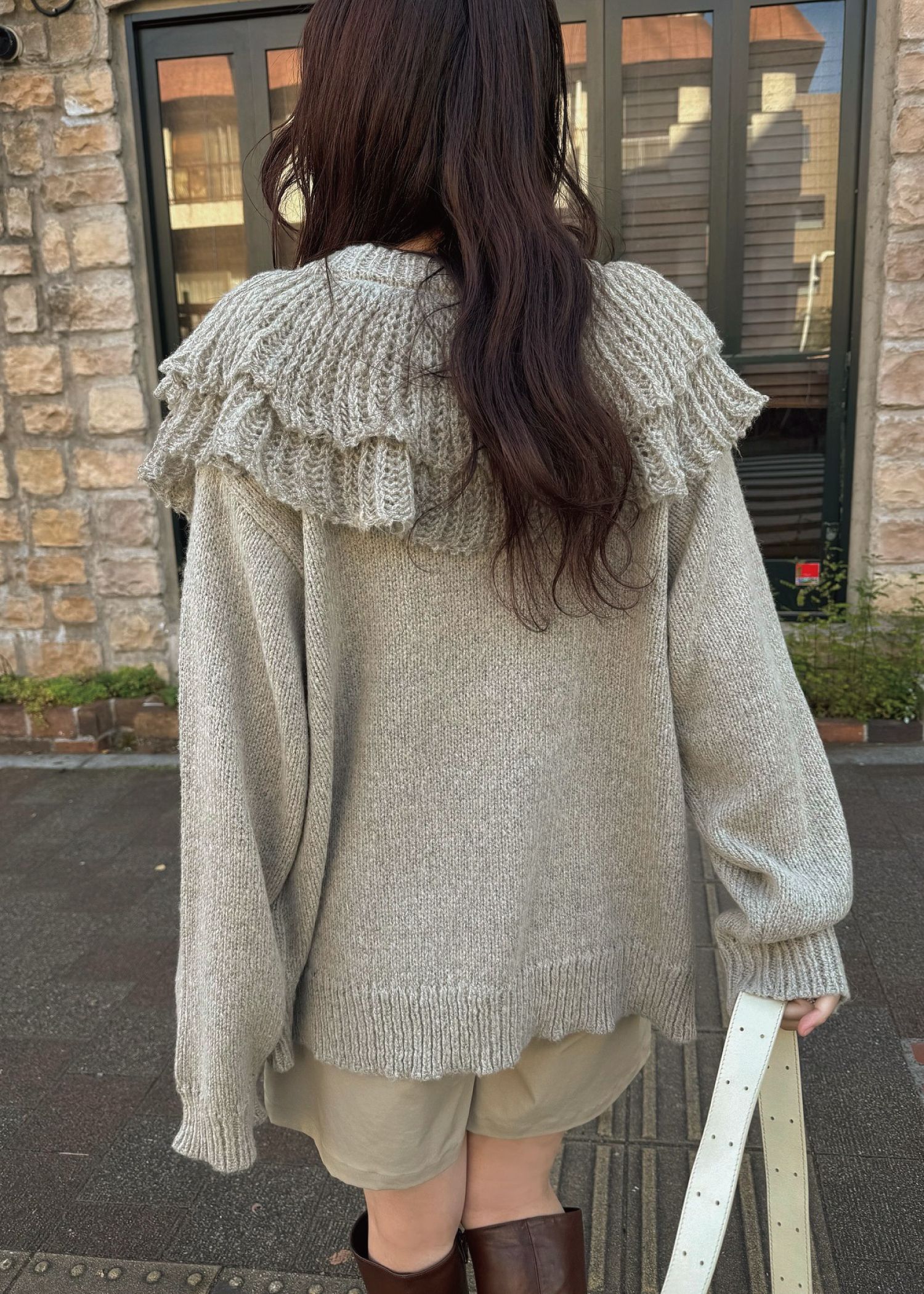 shoulder frill cable knit cardigan
