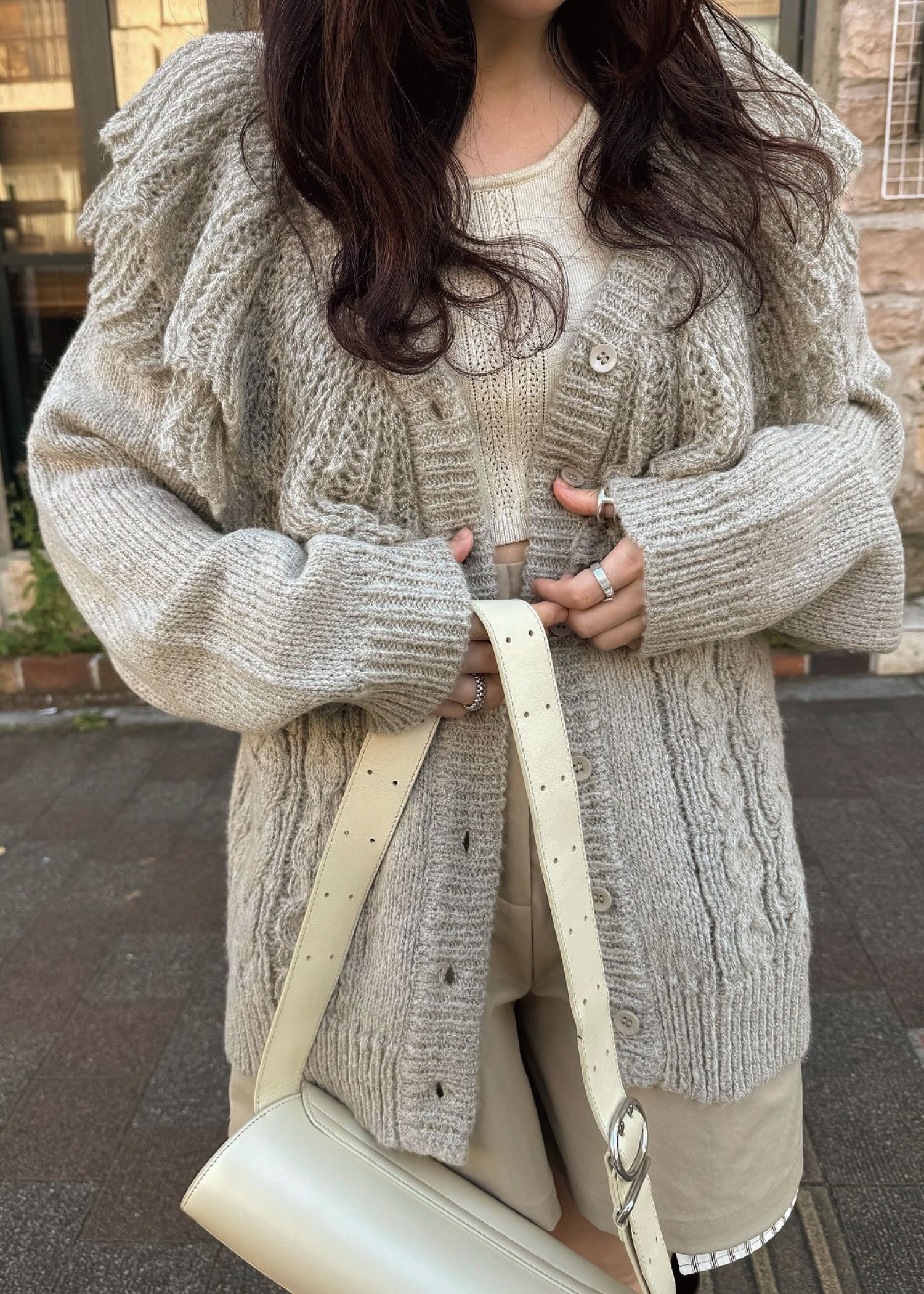 shoulder frill cable knit cardigan