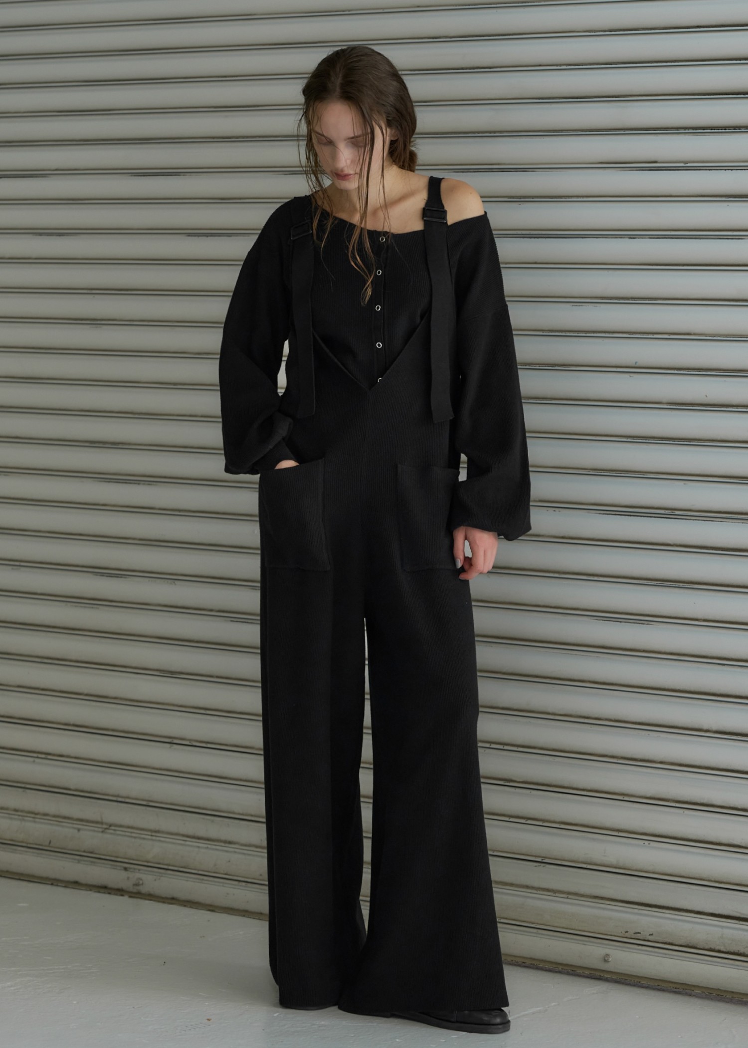 shoulder belt knit all-in-one